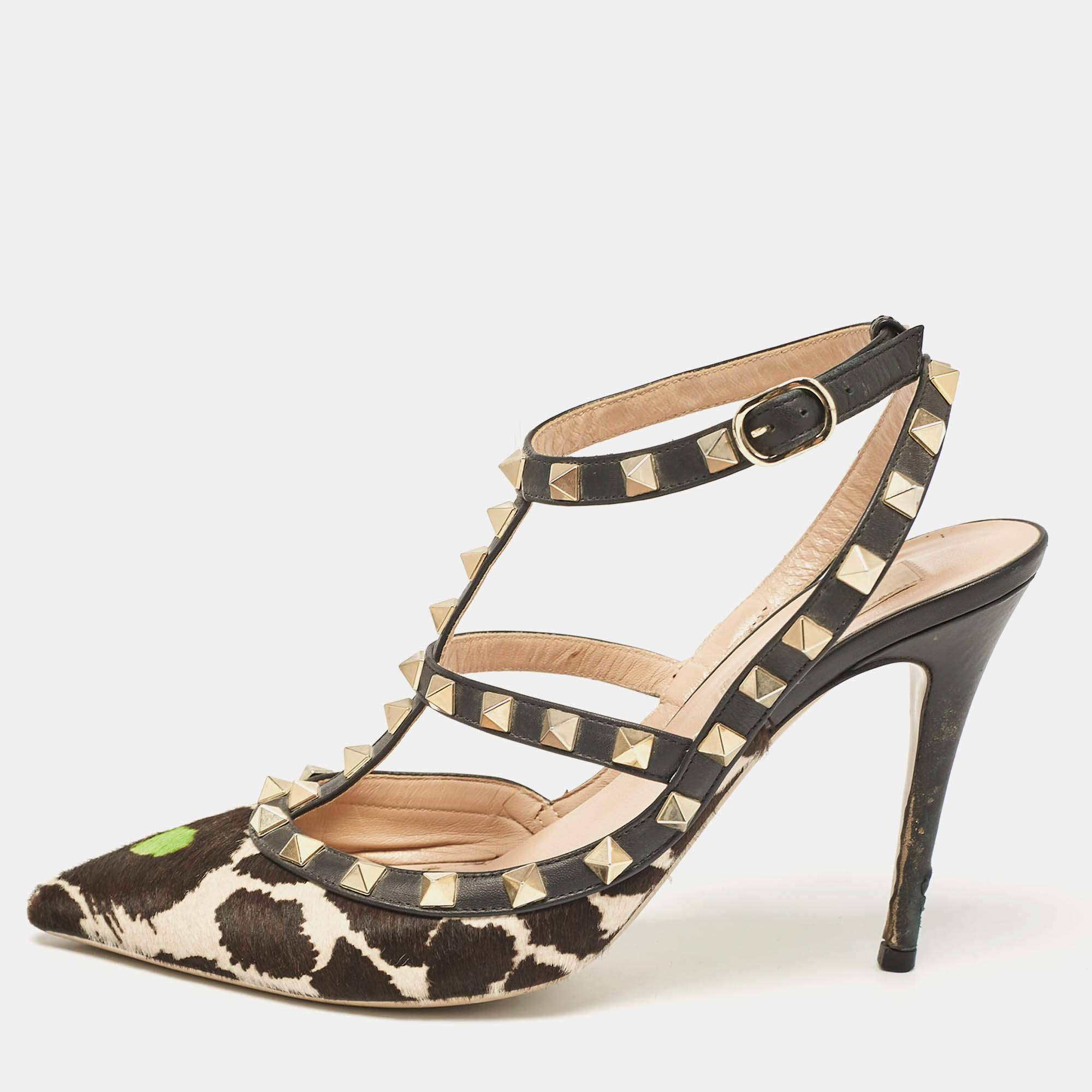 Valentino Multicolor Calf Hair and Leather Rockstud Ankle Strap Pumps Size 37.5