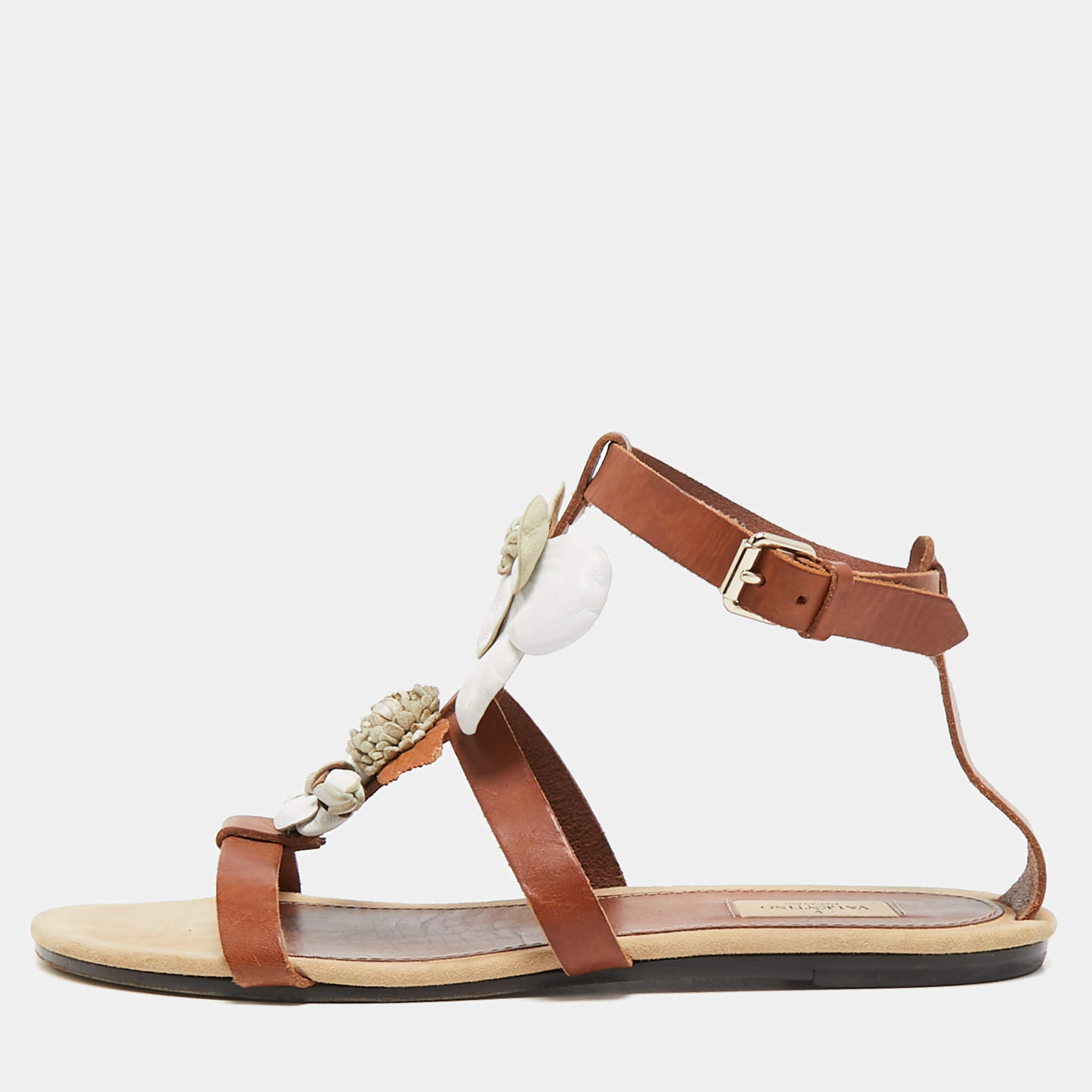 Valentino Brown Leather Flower and Leaf Strappy Flat Sandals Size 40.5
