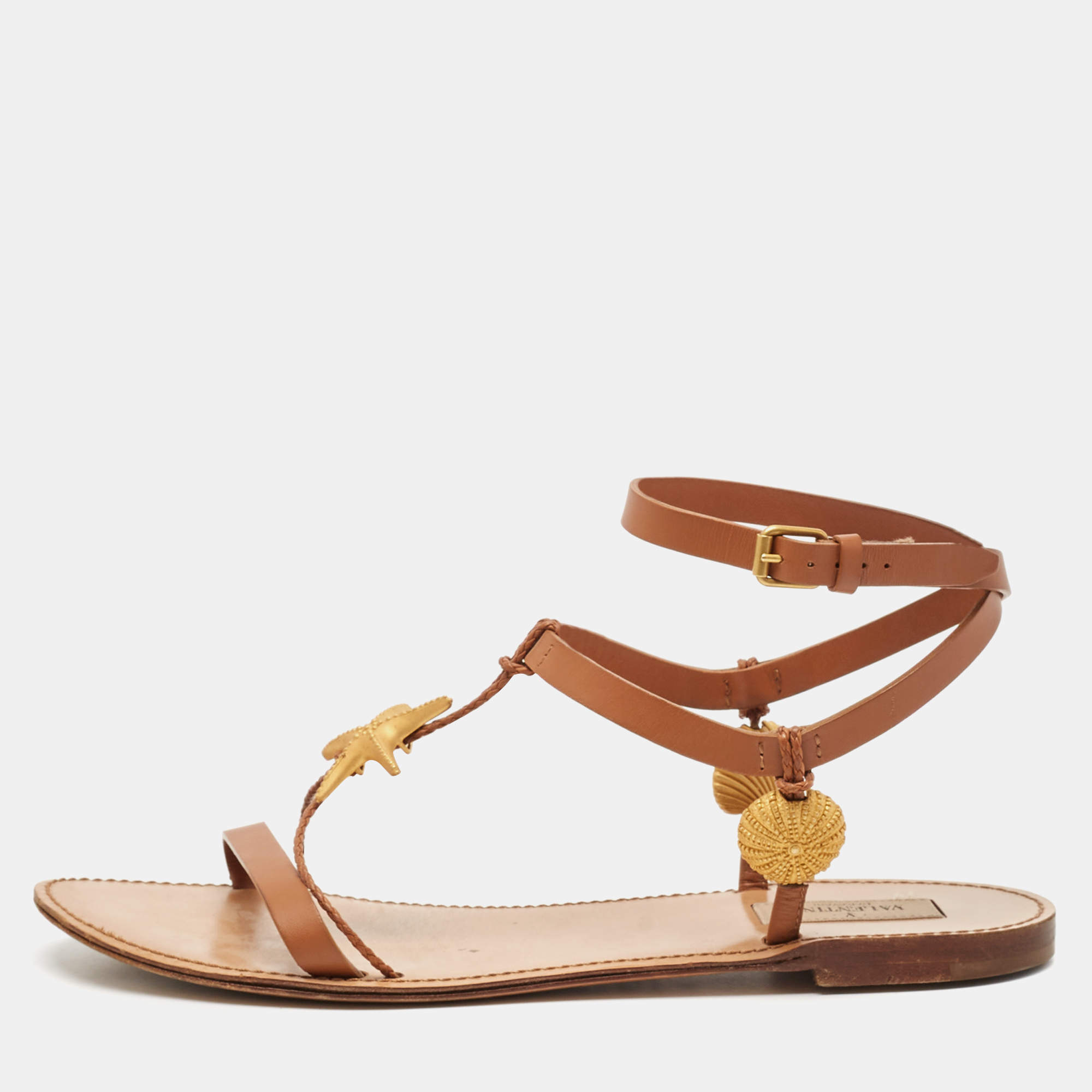 Valentino Brown Leather Star and Tree Embellished Flat Sandals Size 39