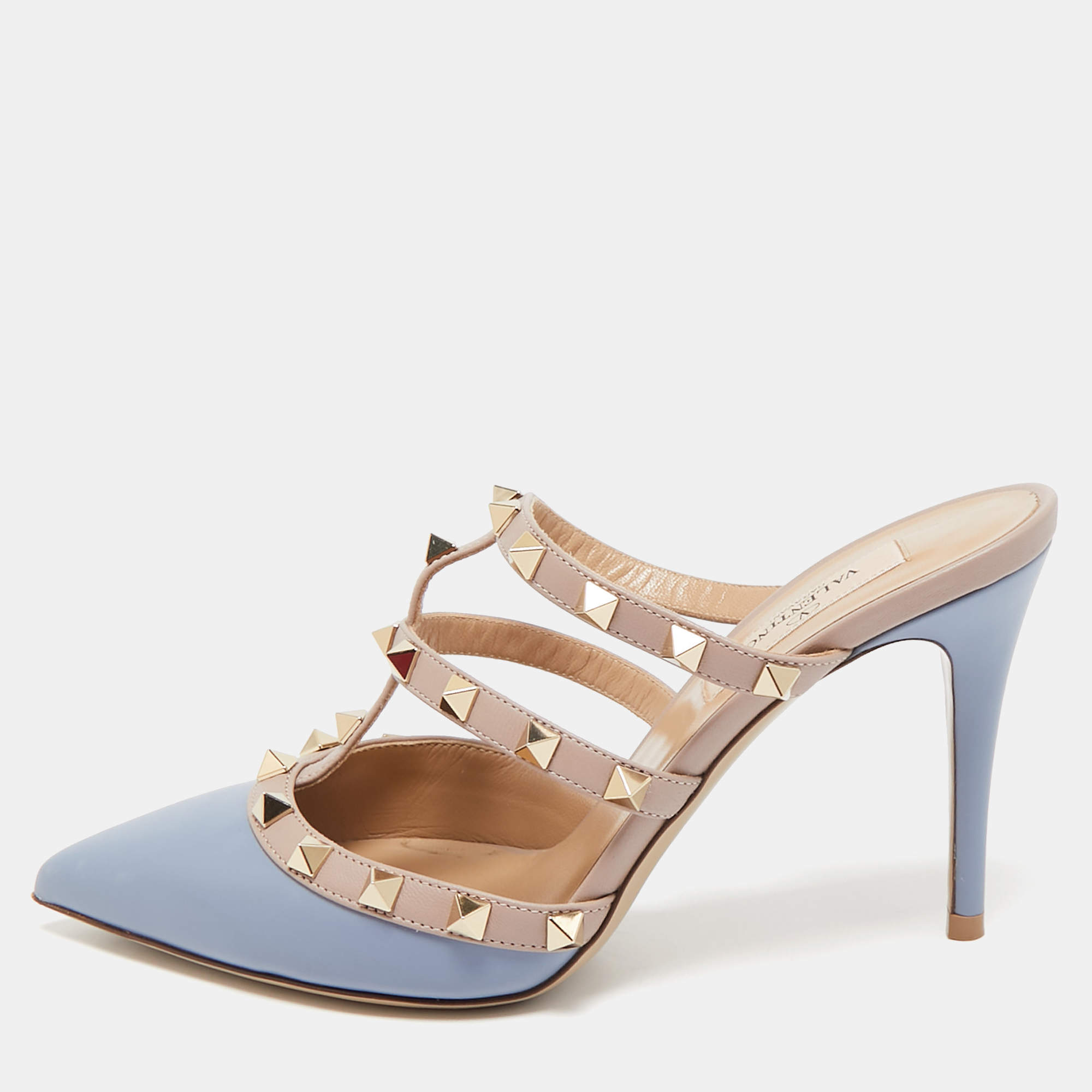 Pre Owned Valentino Blue/Dusty Pink Leather Rockstud Mules Size 37