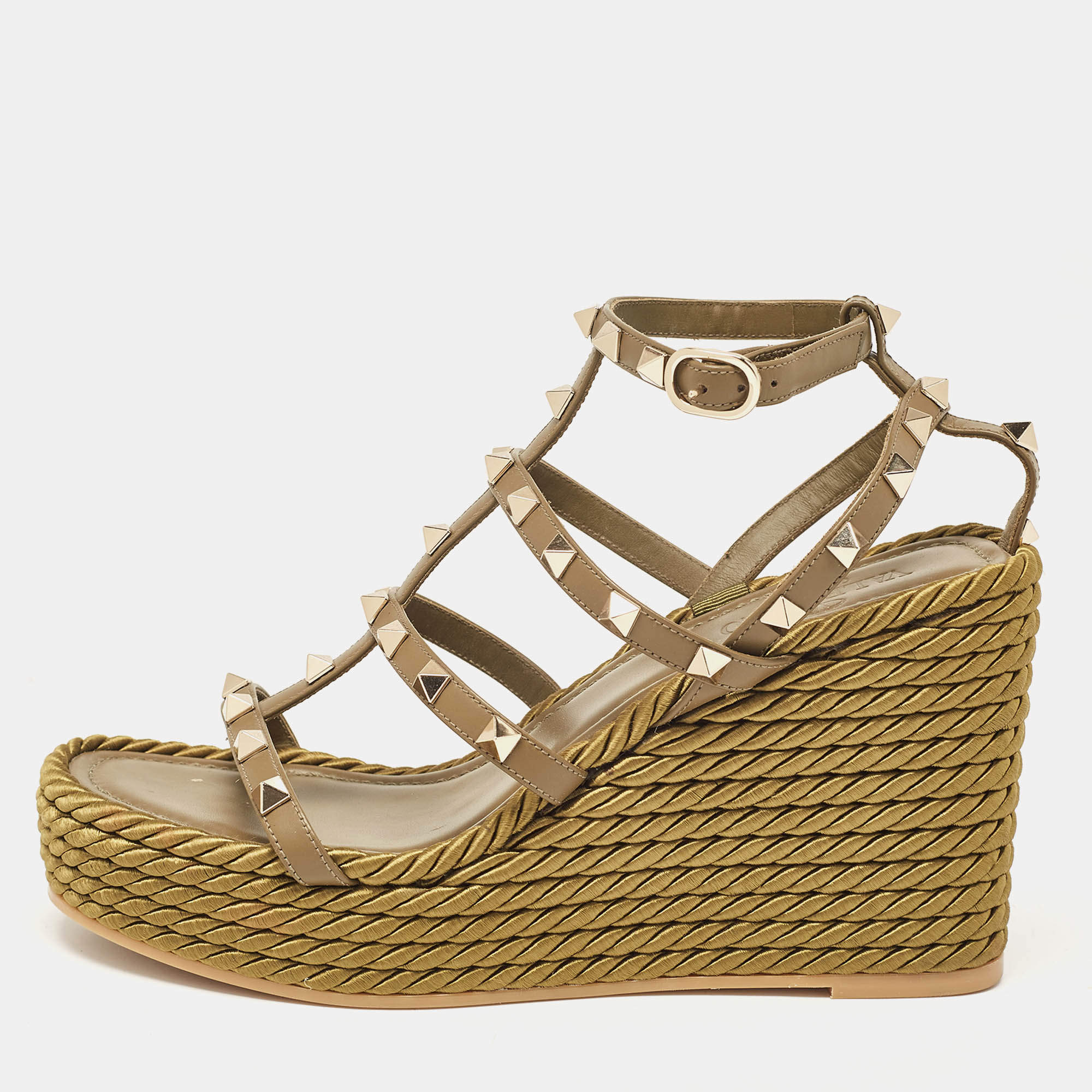 Pre Owned Valentino Green Leather Rockstud Wedge Sandals Size 38