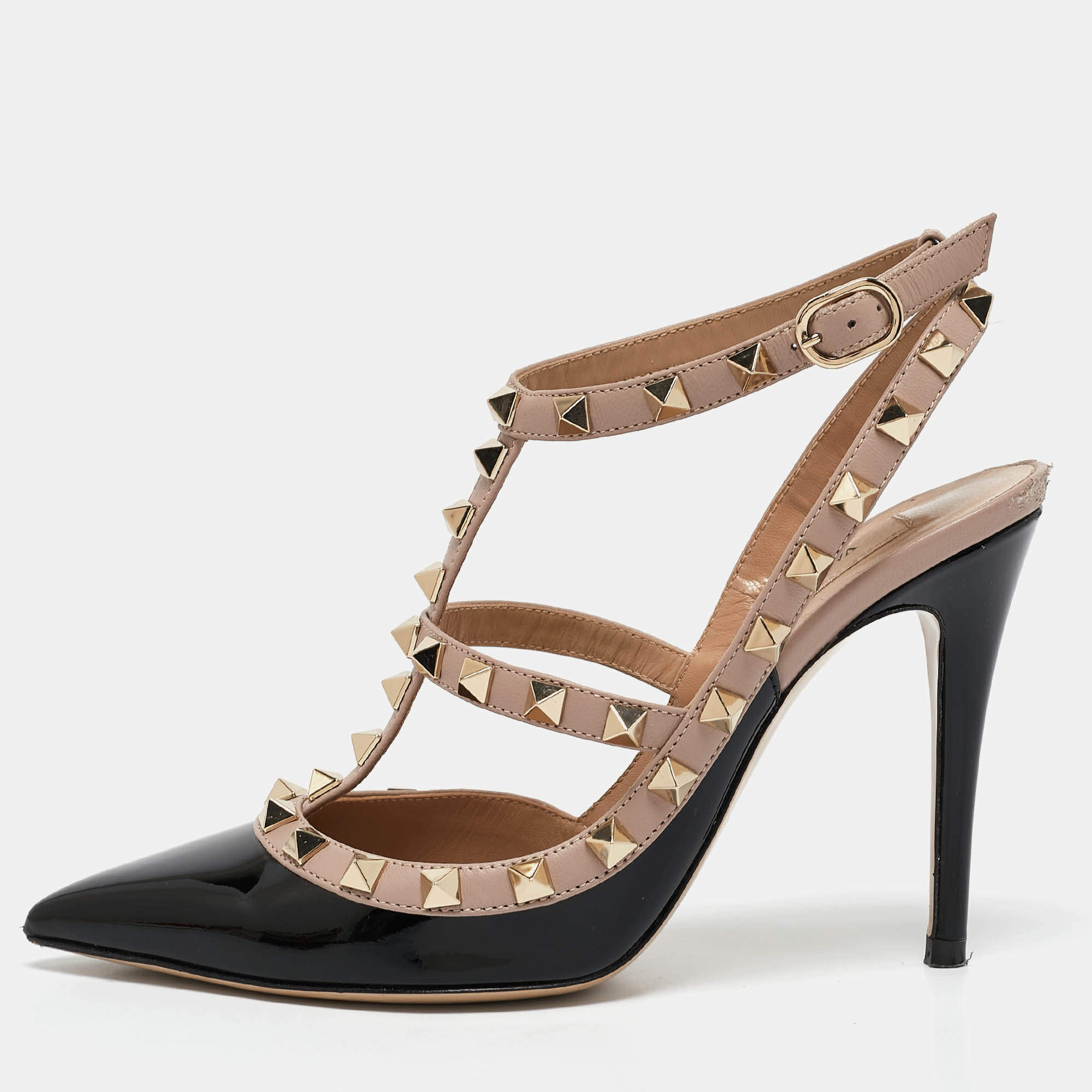 Pre Owned Valentino Black/Pink Patent and Leather Rockstud Caged Pumps Size 36