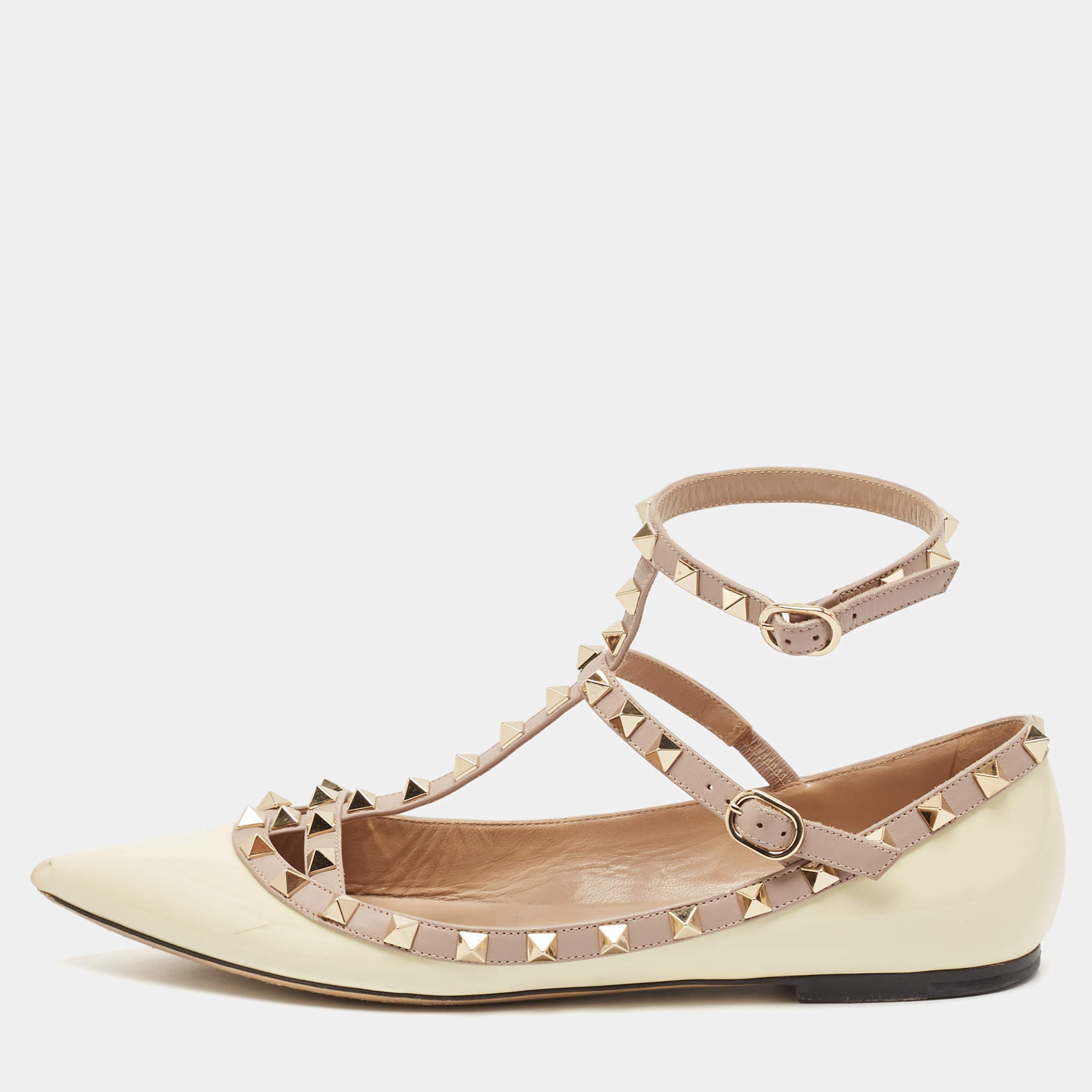 Pre Owned Valentino Cream/Beige Patent Leather Rockstud Ankle Strap Ballet Flats Size 40