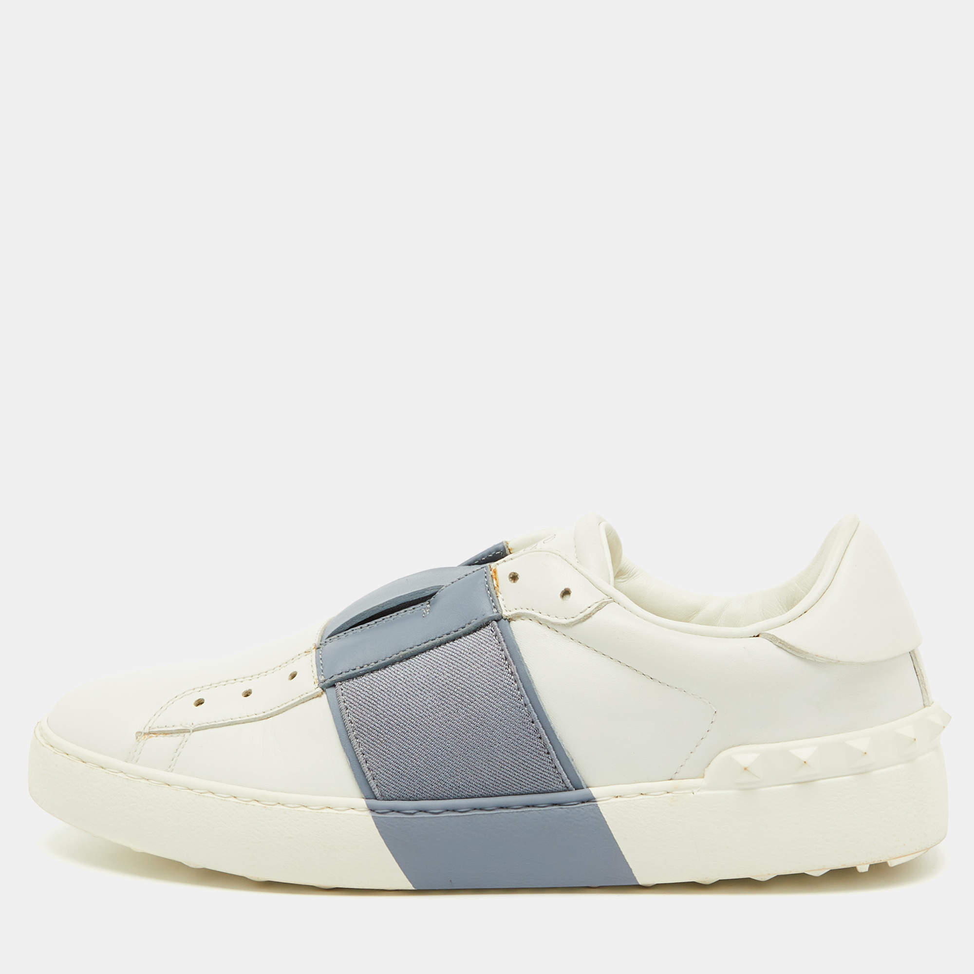 Valentino White/Blue Leather Rockstud Slip On Sneakers Size 40