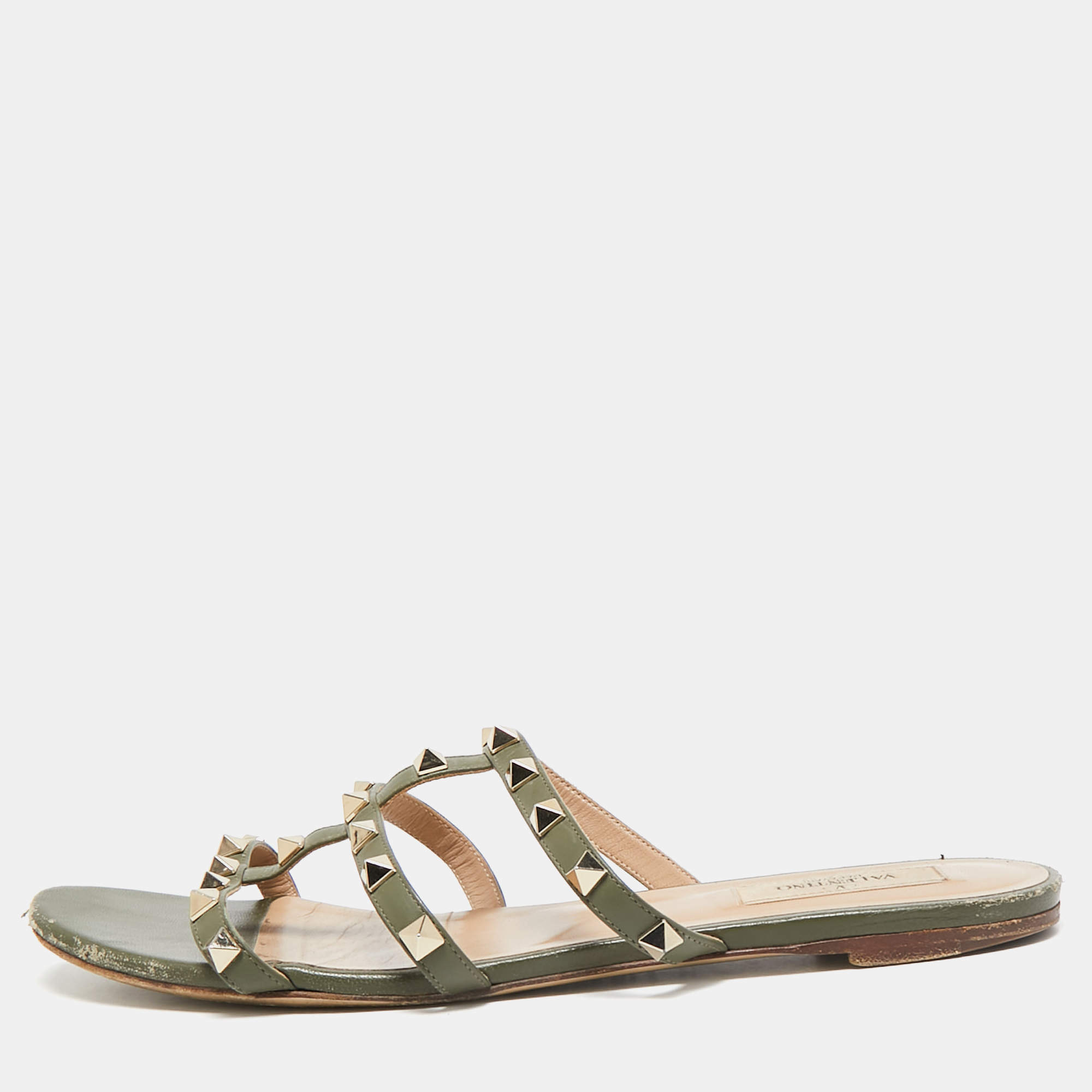 Valentino Green Leather Rockstud Flat Slides Size 39.5