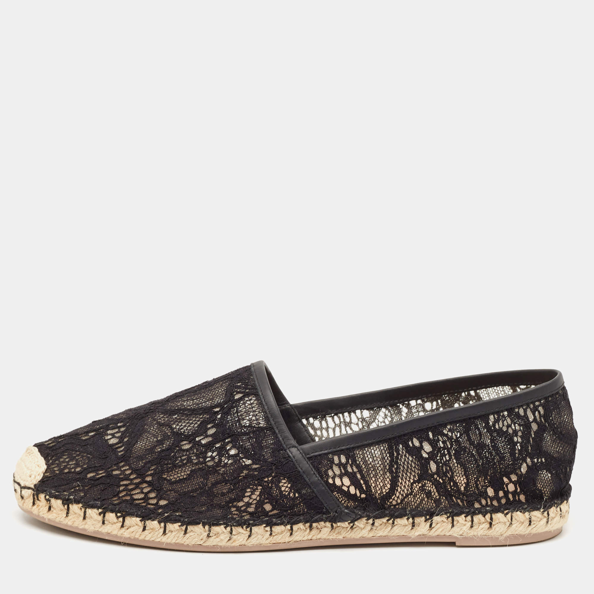 Pre Owned Valentino Black Lace and Leather Butterfly Espadrille Flats Size 40