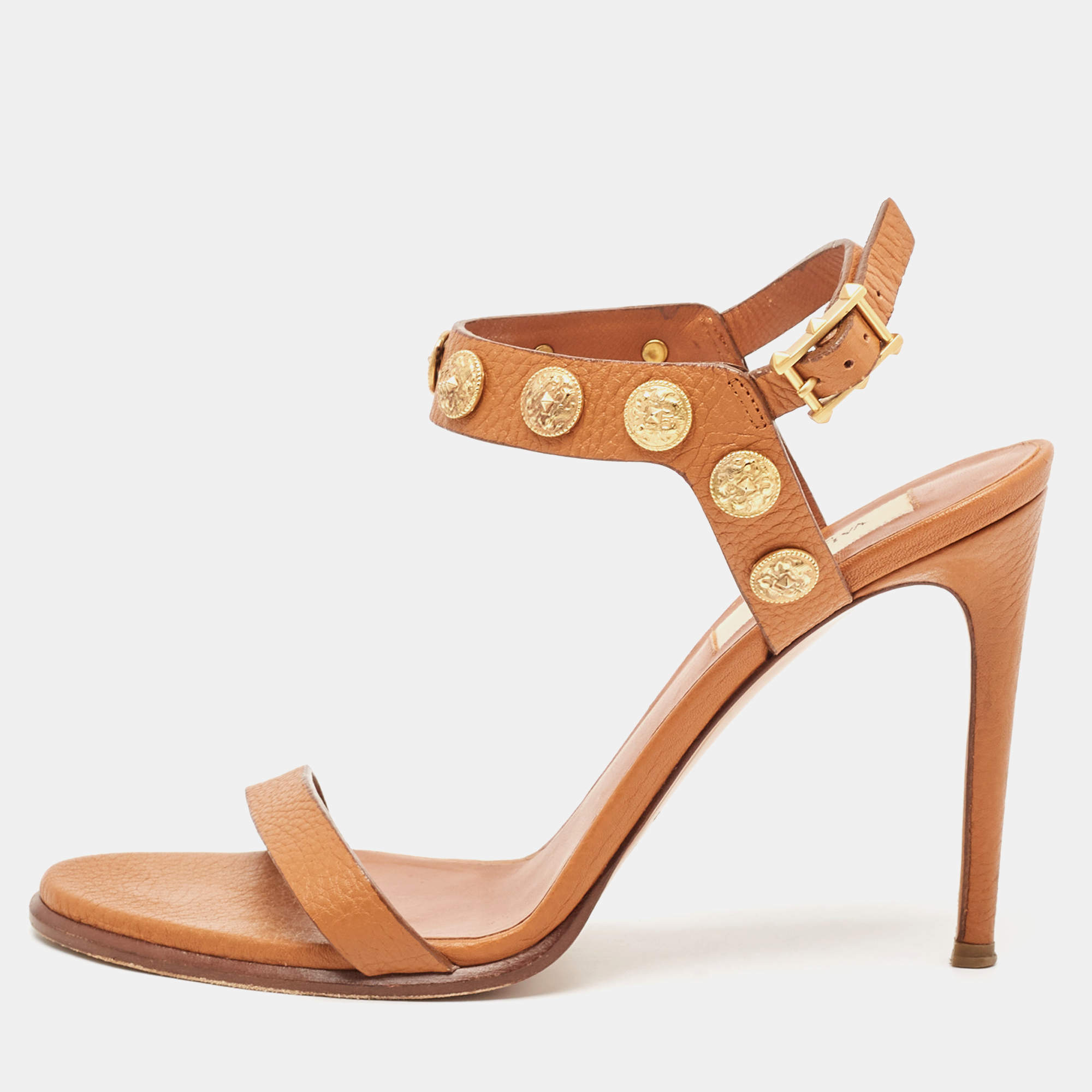 Pre Owned Valentino Tan Leather Studded Coin Ankle Strap Sandals Size 38.5