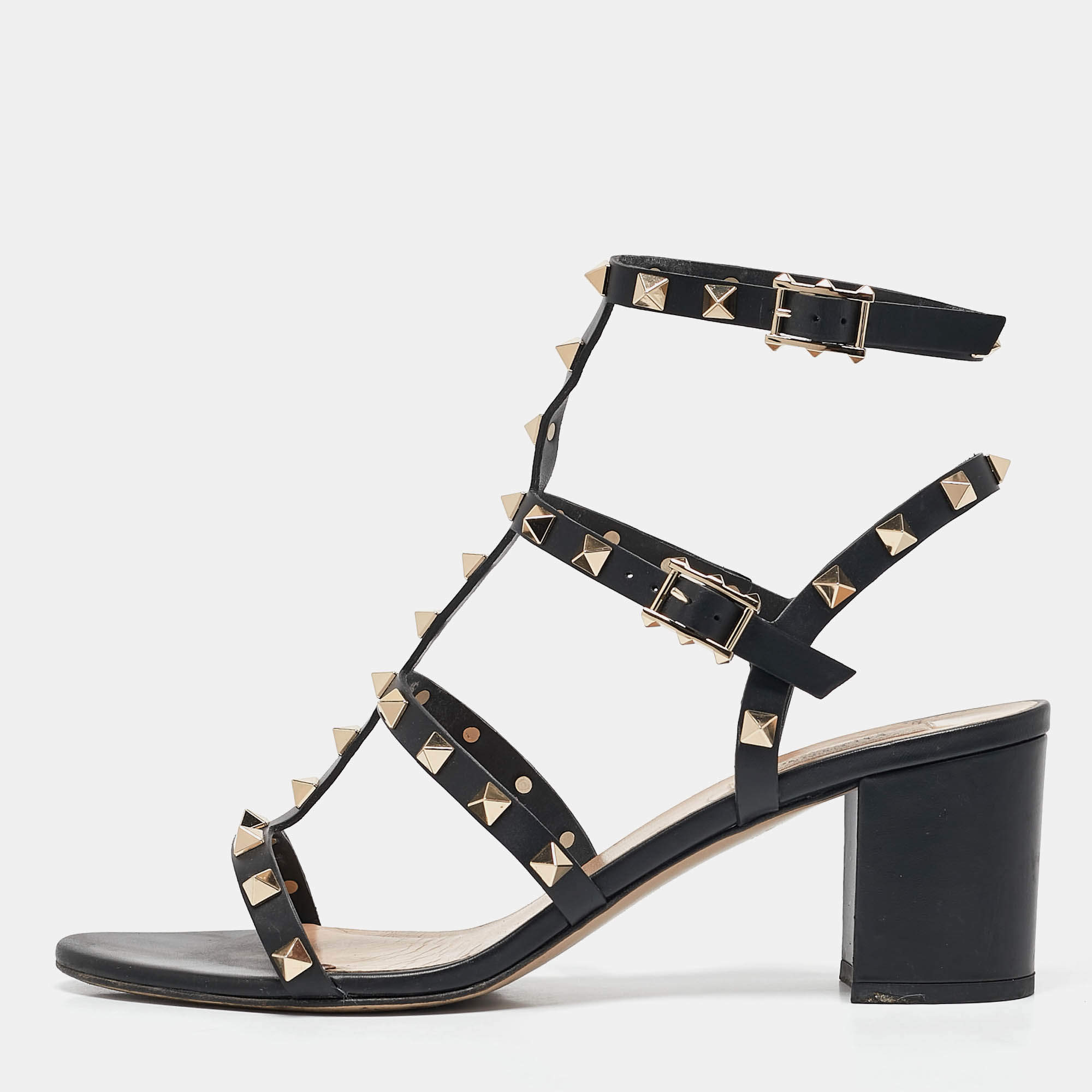 Pre Owned Valentino Black Leather Rockstud Ankle Strap Sandals Size 40
