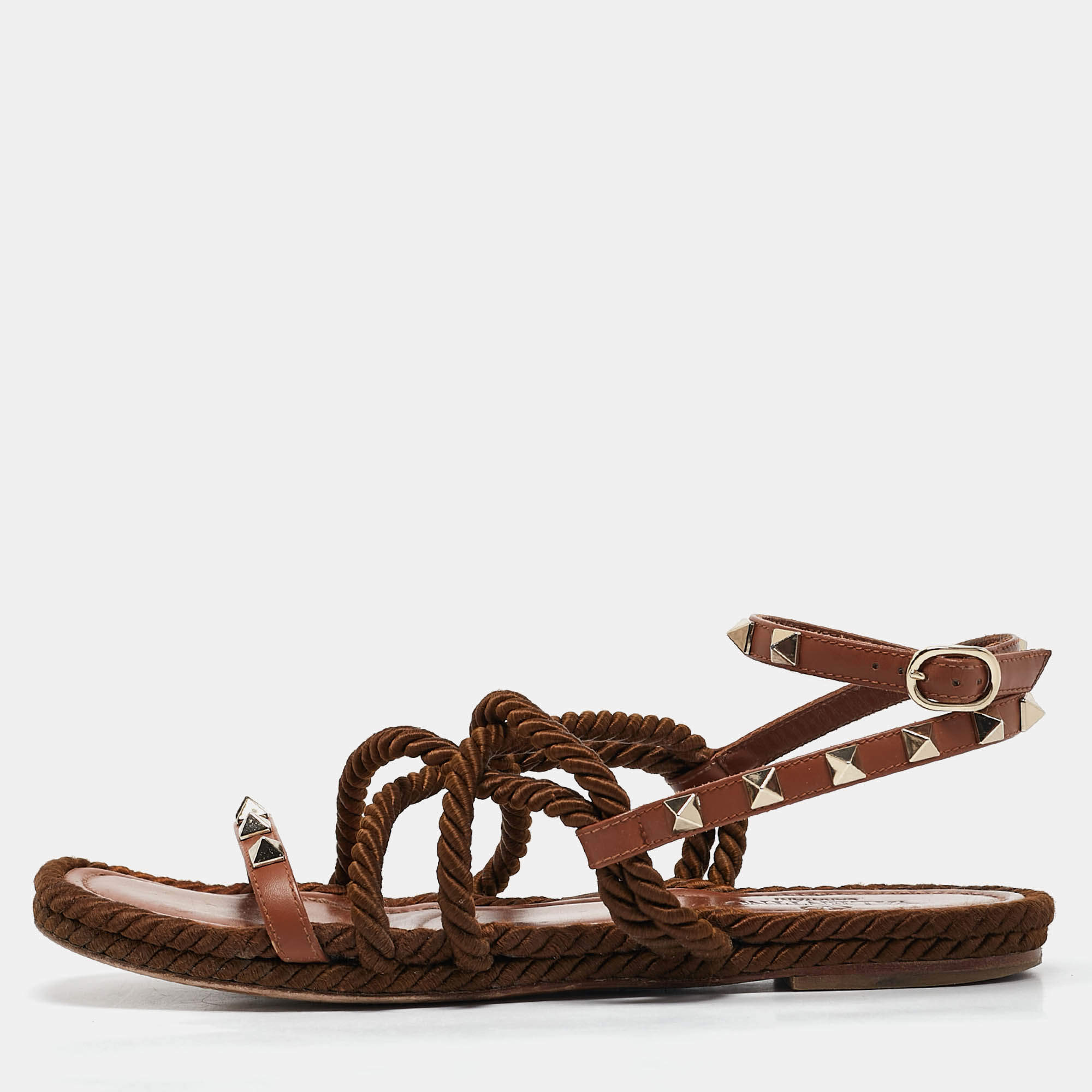 Pre Owned Valentino Brown Rope and Leather Rockstud Torchon Flat Sandals Size 37