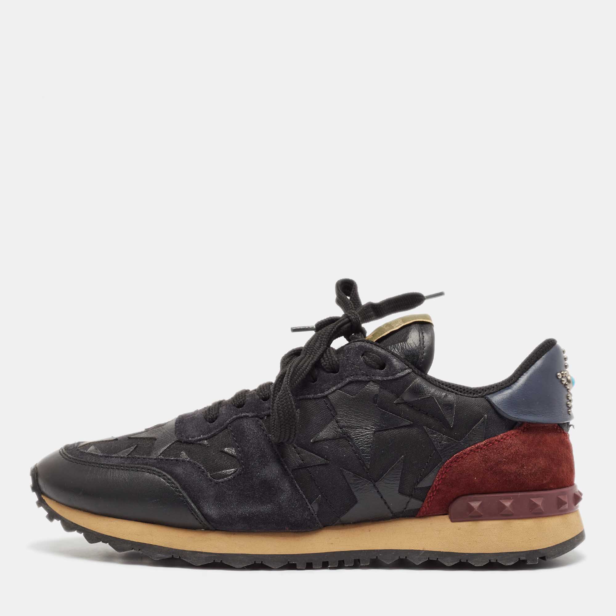 Valentino Black/Burgundy Leather and Suede Rockrunner Low Top Sneakers Size 40