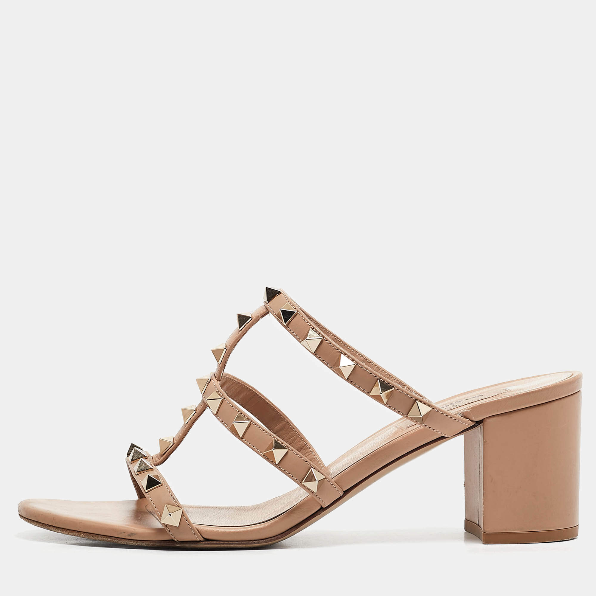 Pre Owned Valentino Beige Leather Rockstud Slide Sandals Size 39.5