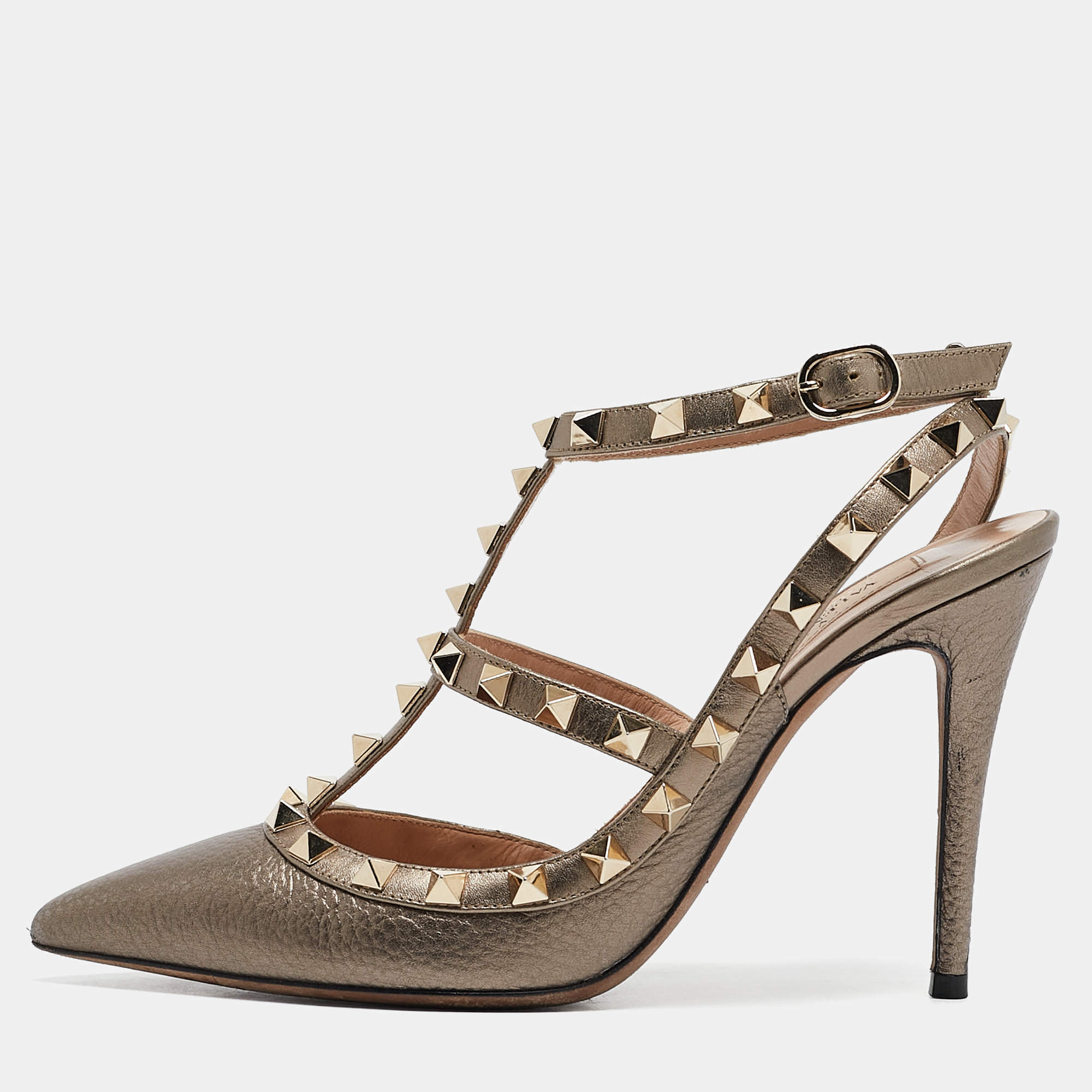 Valentino Metallic Leather Rockstud Ankle Strap Pumps Size 36.5