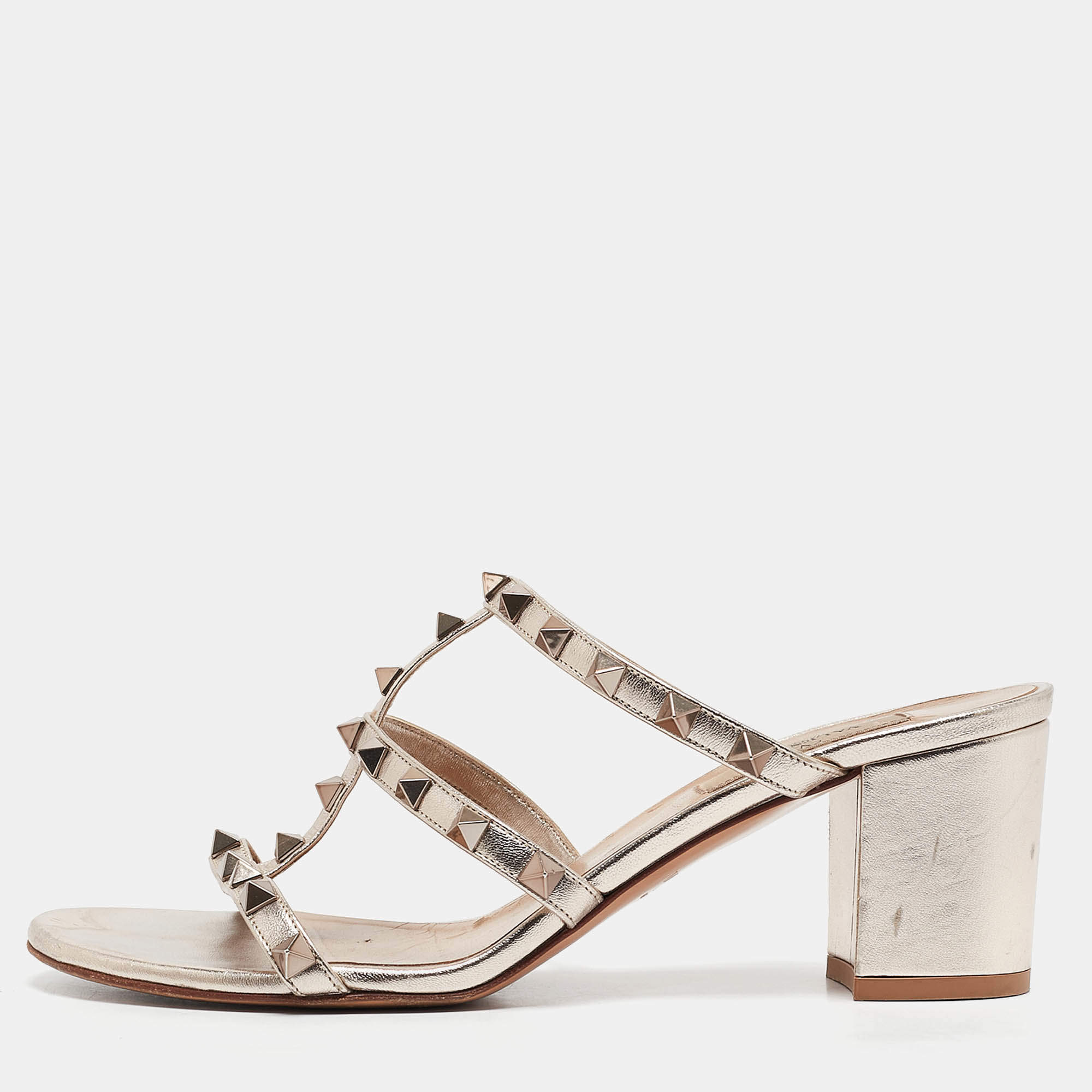 Pre Owned Valentino Metallic Leather Rockstud Slide Sandals Size 38