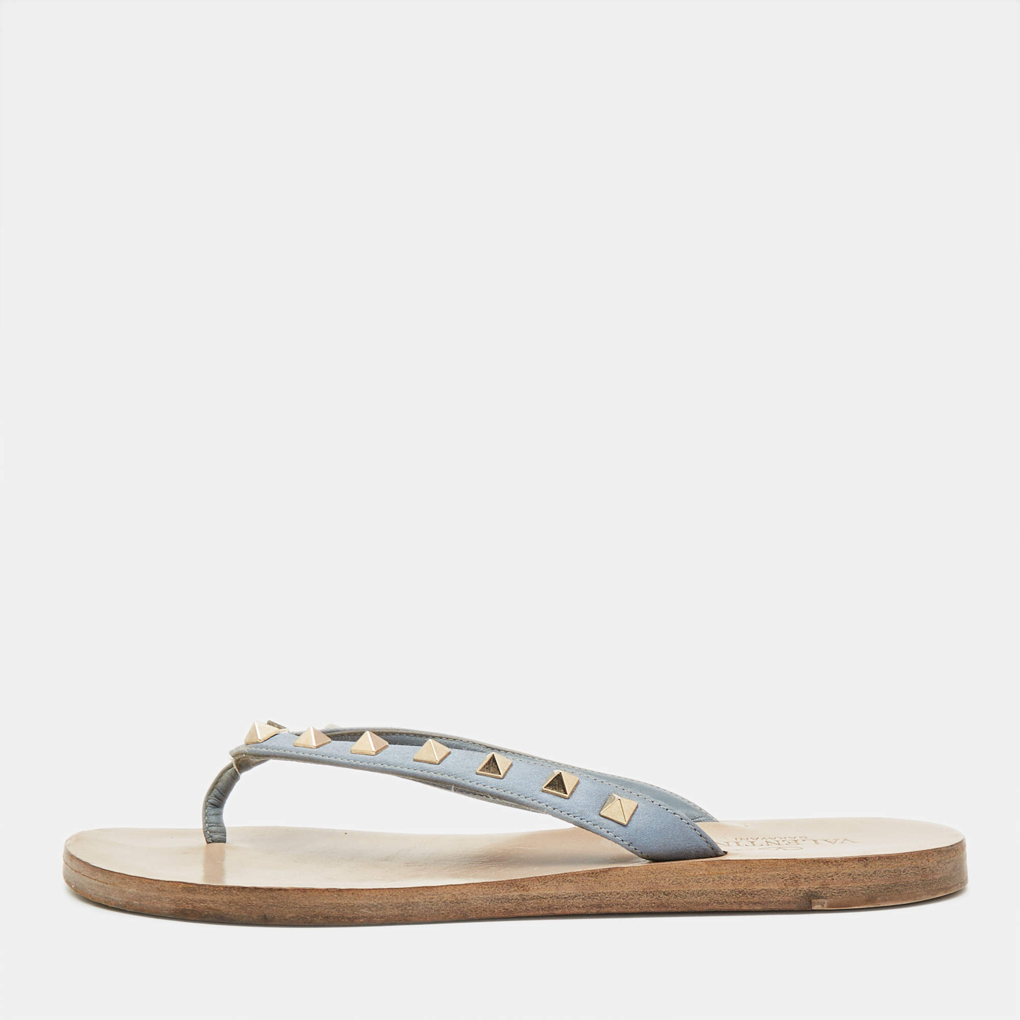 Valentino Blue Leather Rockstud Thong Flats Size 38