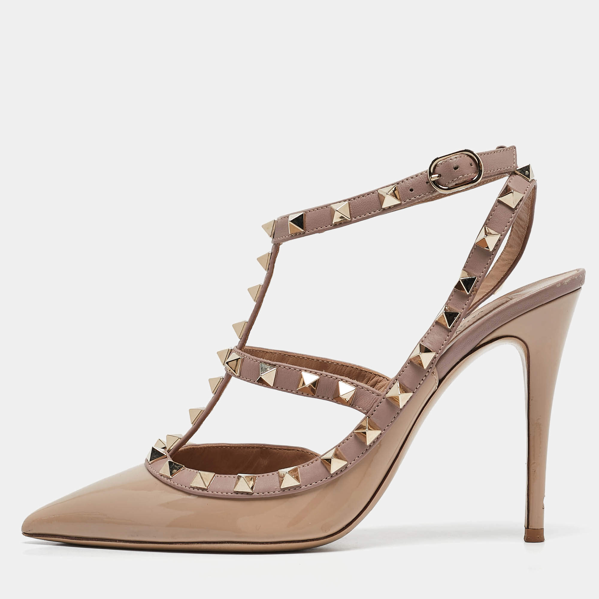 Pre Owned Valentino Beige Patent And Leather Rockstud  Ankle Strap Pumps Size 38