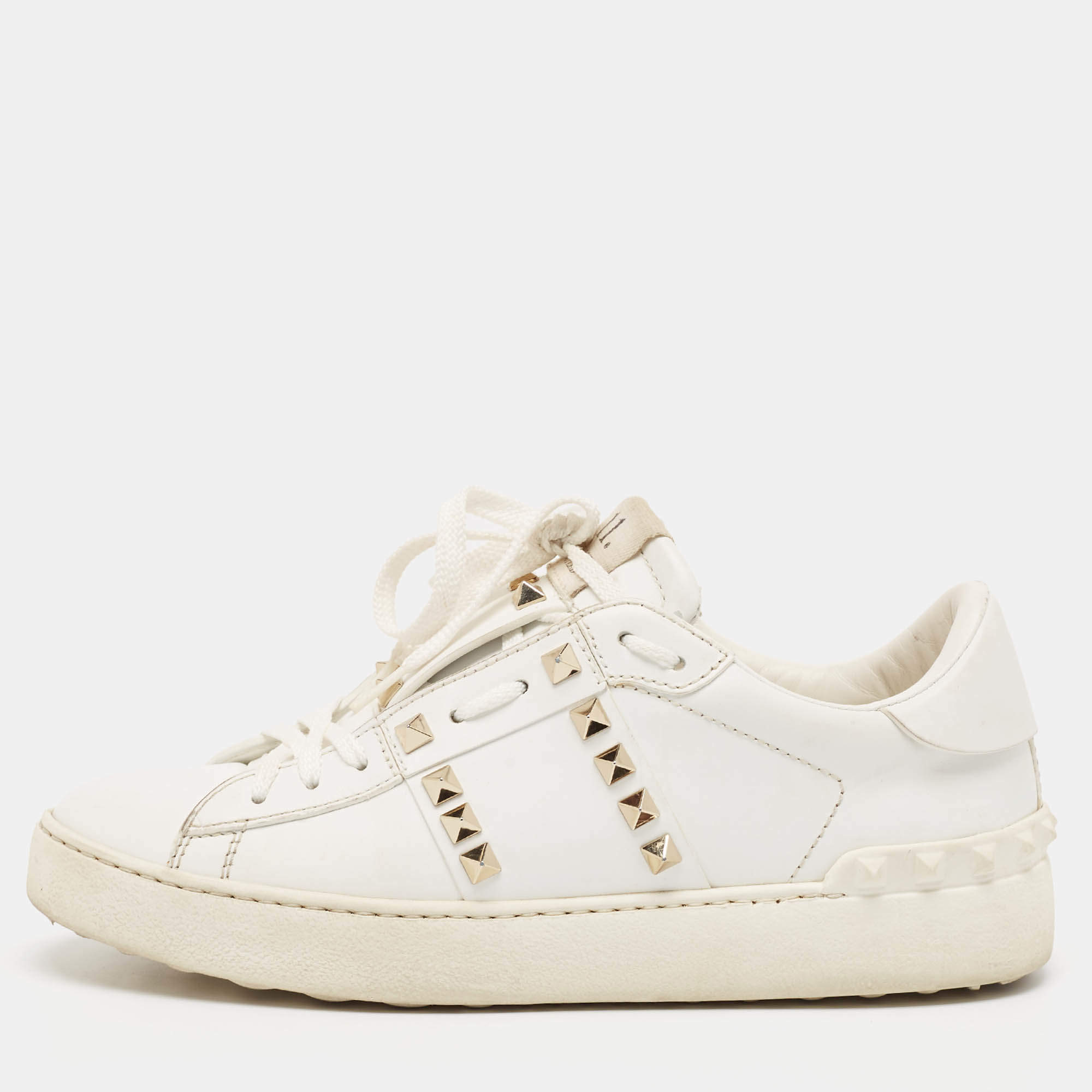 Pre Owned Valentino White Leather Rockstud Untitled Sneakers Size 37