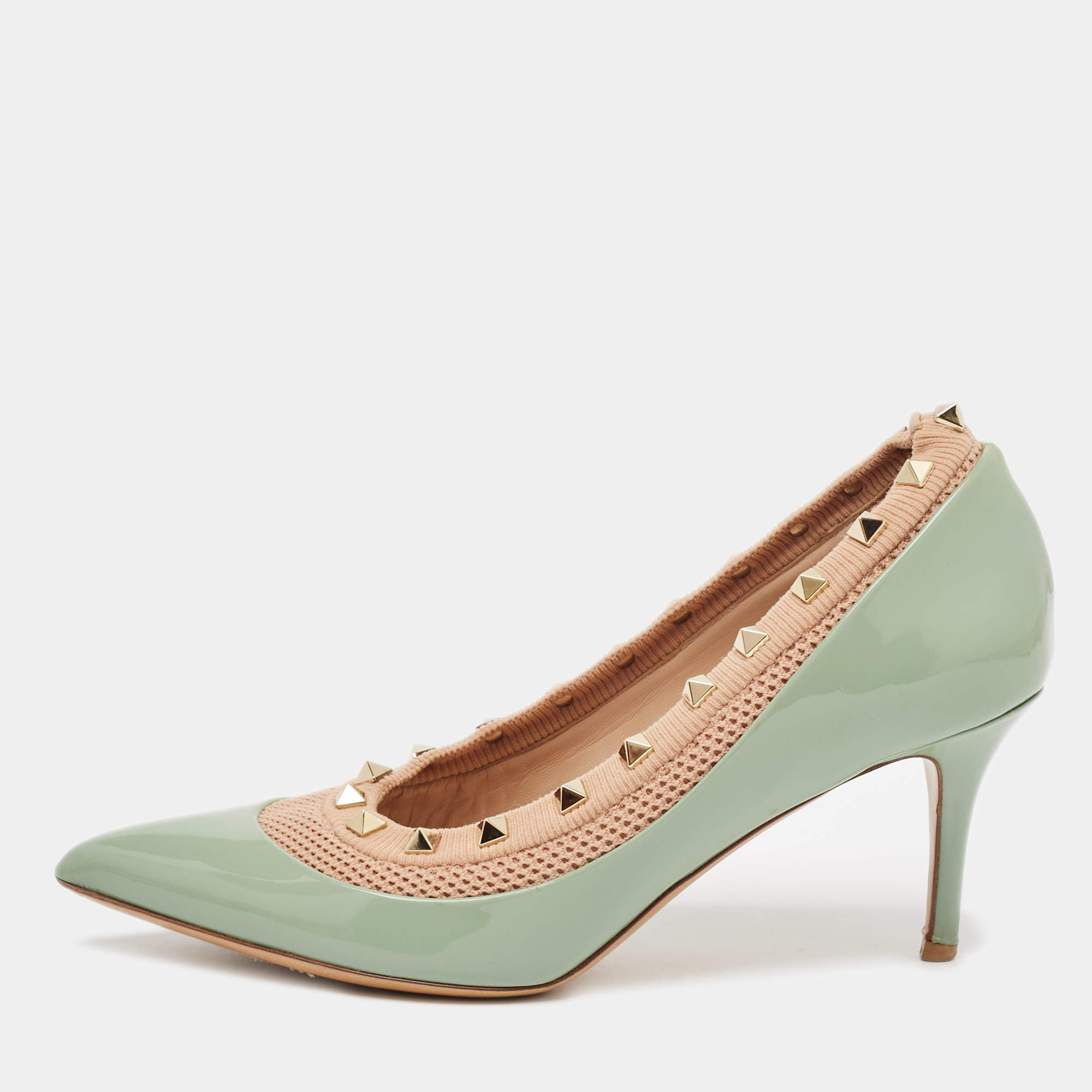 Valentino Blue/Beige Knit Fabric and Patent Leather Rockstud Pumps Size 38