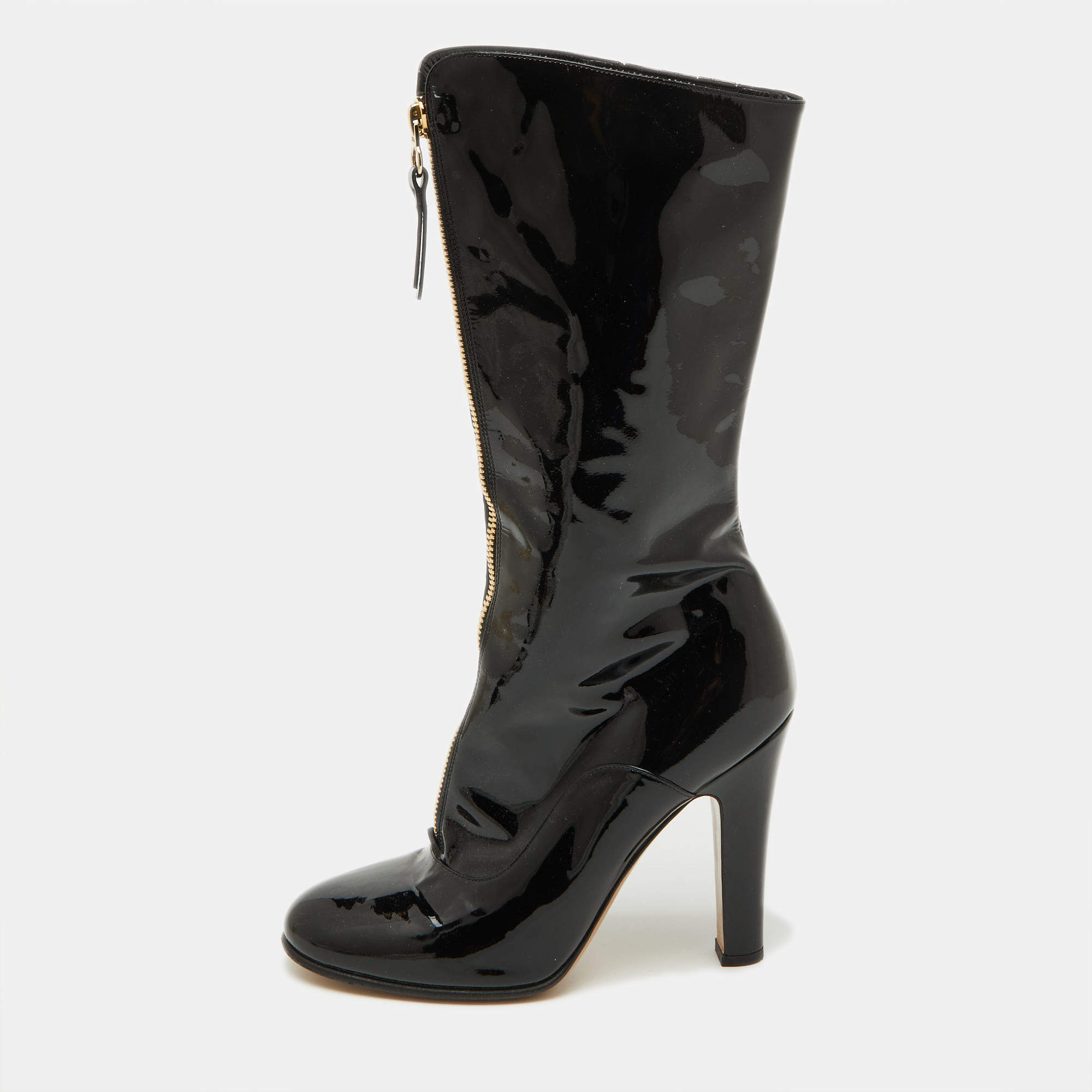Valentino Black Patent Leather Zip Detail Mid Calf Length Boots Size 40