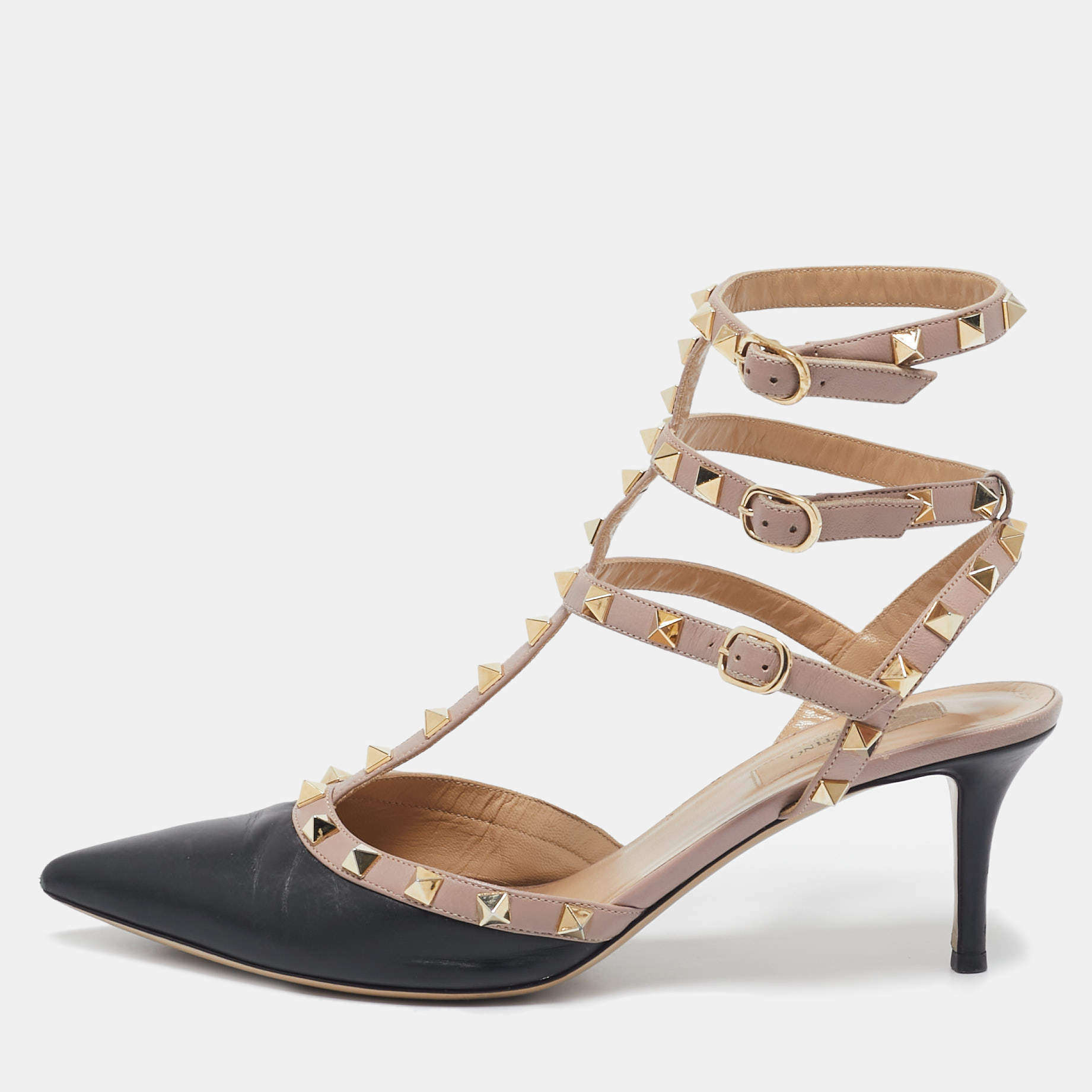 Valentino Black/Beige Leather Rockstud Ankle Strap Pumps Size 40