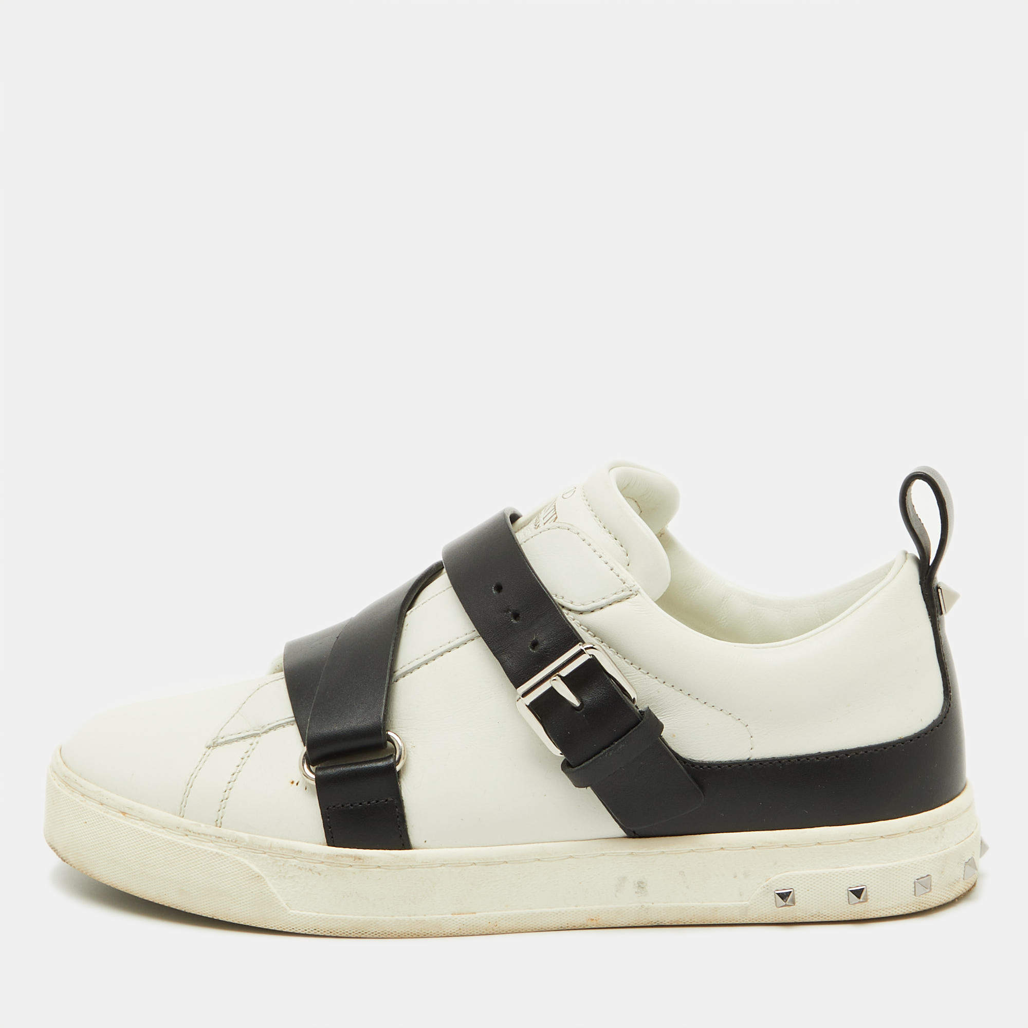 Valentino White/Black Leather Buckle Strap Rockstud Low Top Sneakers Size 37.5