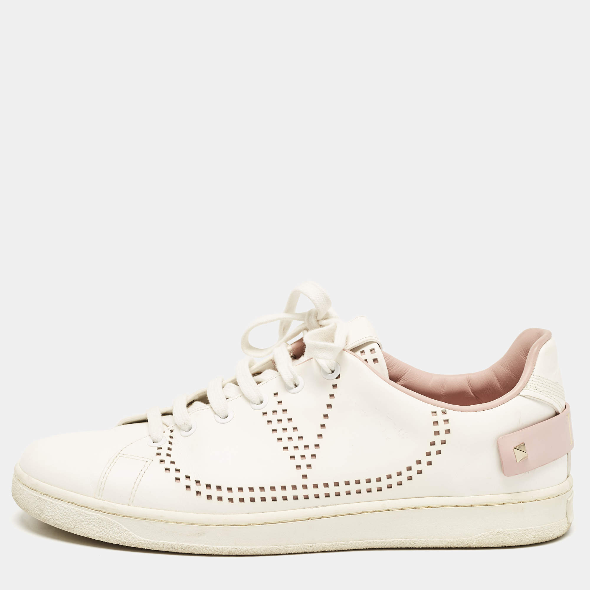 Valentino White Perforated Leather Backnet Rockstud Low Top Sneakers Size 40.5