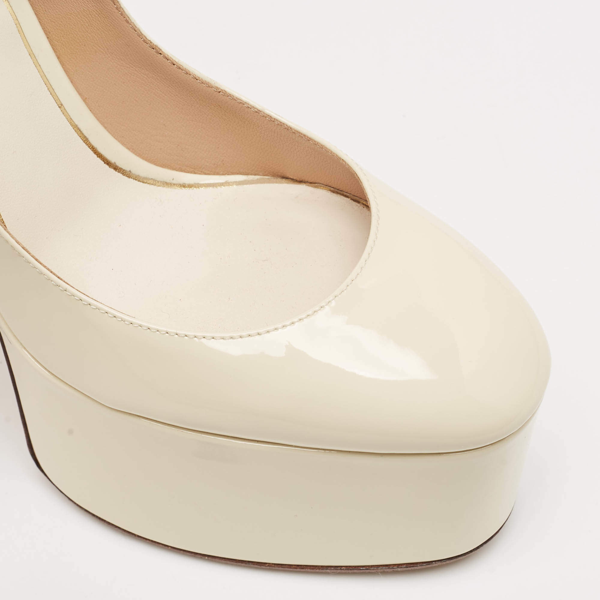 Pre Owned Valentino Cream Patent Leather Tango Platform Ankle Strap Block Heel Pumps Size 37.5