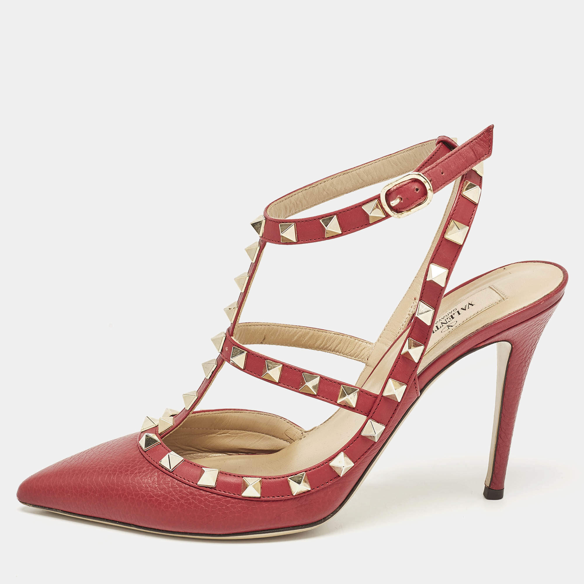 Valentino Burgundy Leather Rockstud Slingback Pumps Size 38.5