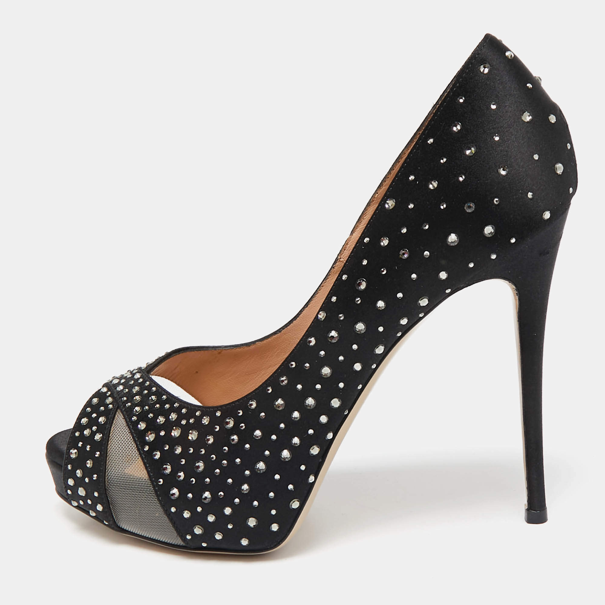Valentino Black Satin and Mesh Crystal Embellished Platform Pumps Size 37.5