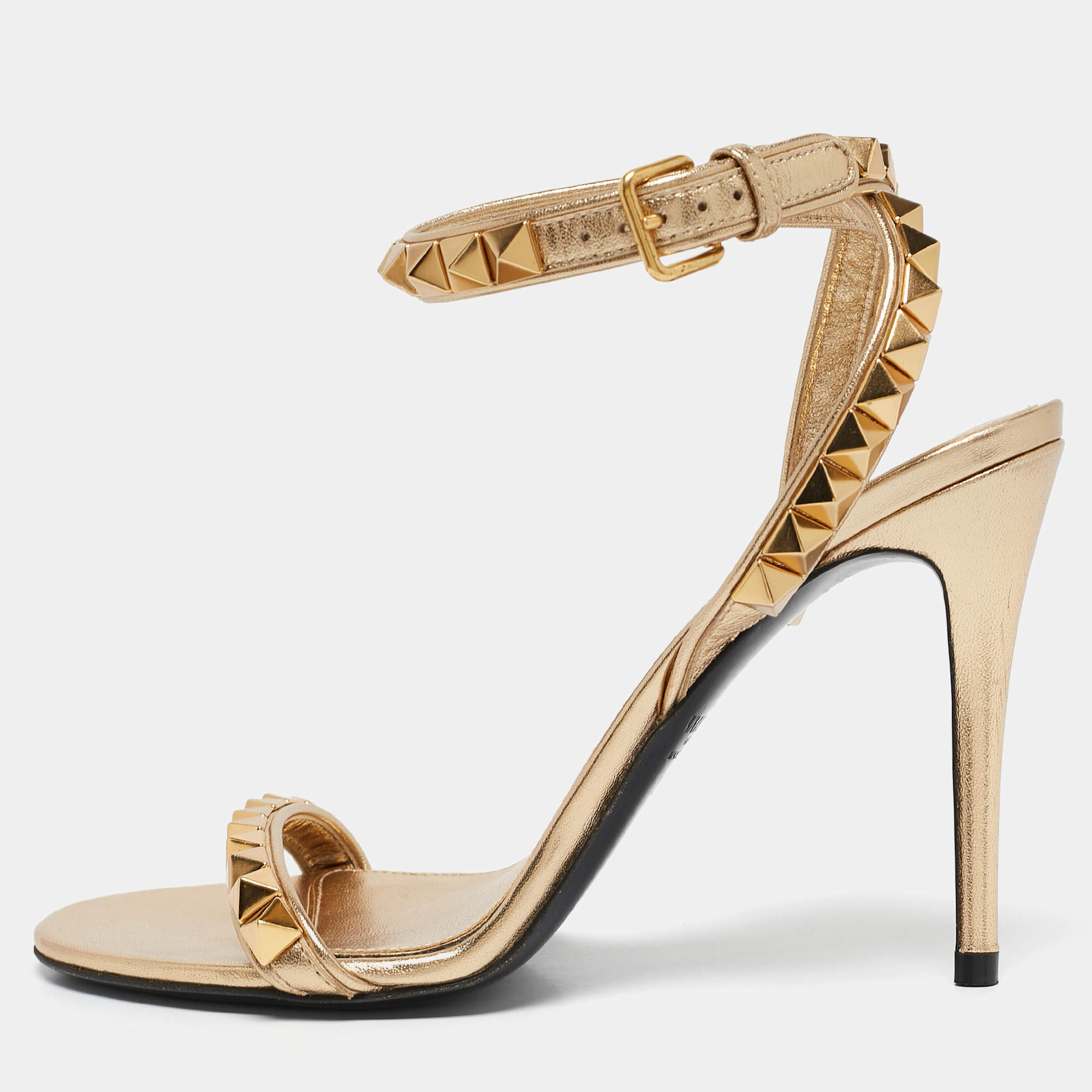 Valentino Metallic Gold Leather Rockstud  Ankle Strap Sandals Size 37