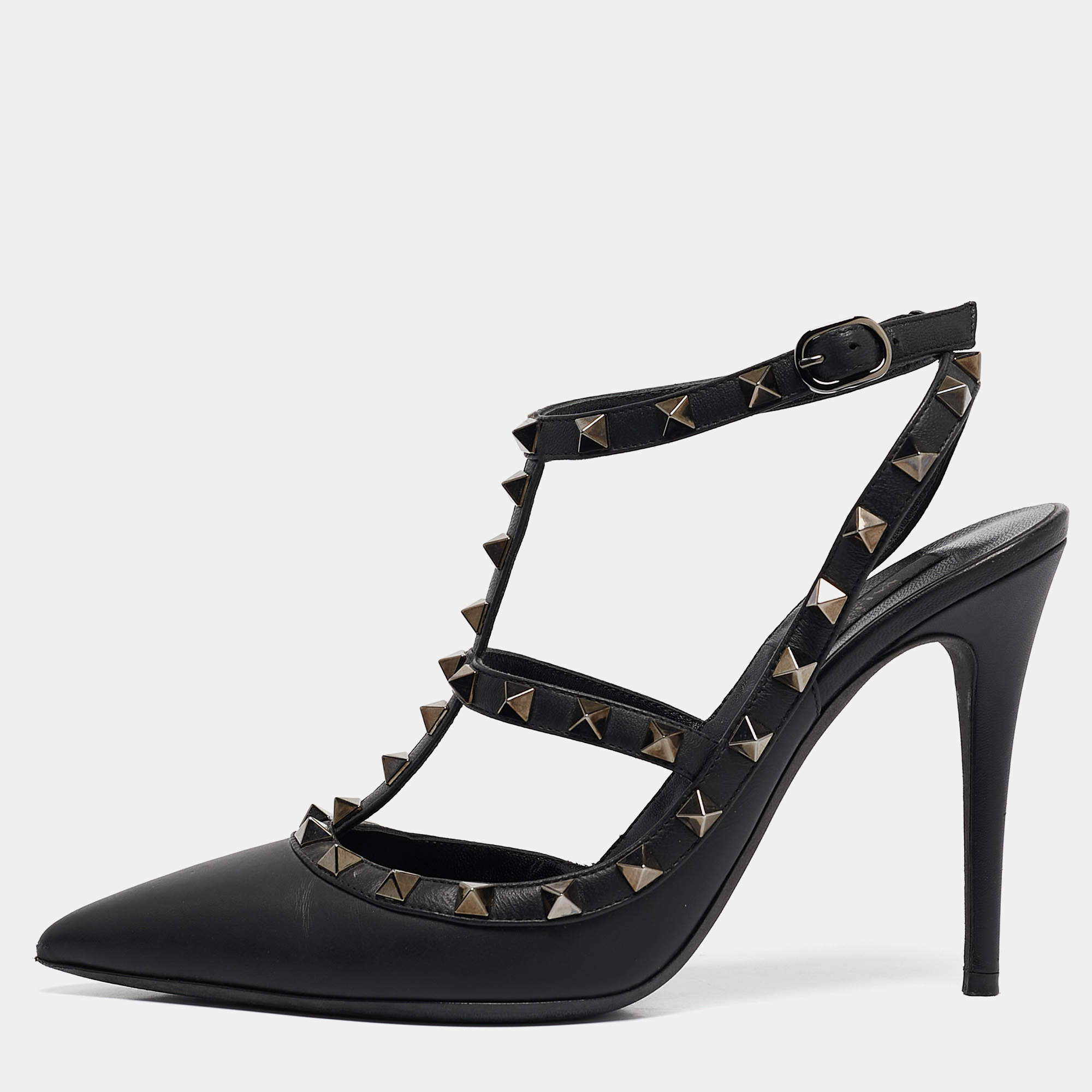 Pre Owned Valentino Black Leather Rockstud Ankle Strap Pumps Size 39