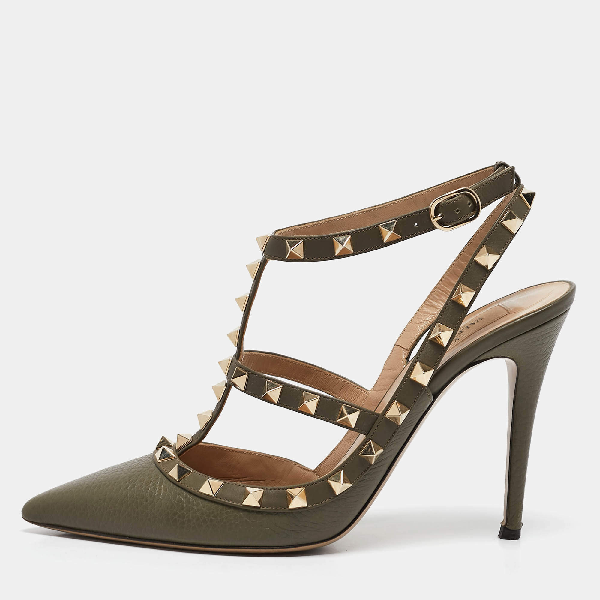 Valentino Green Leather Rockstud Caged Pumps Size 39