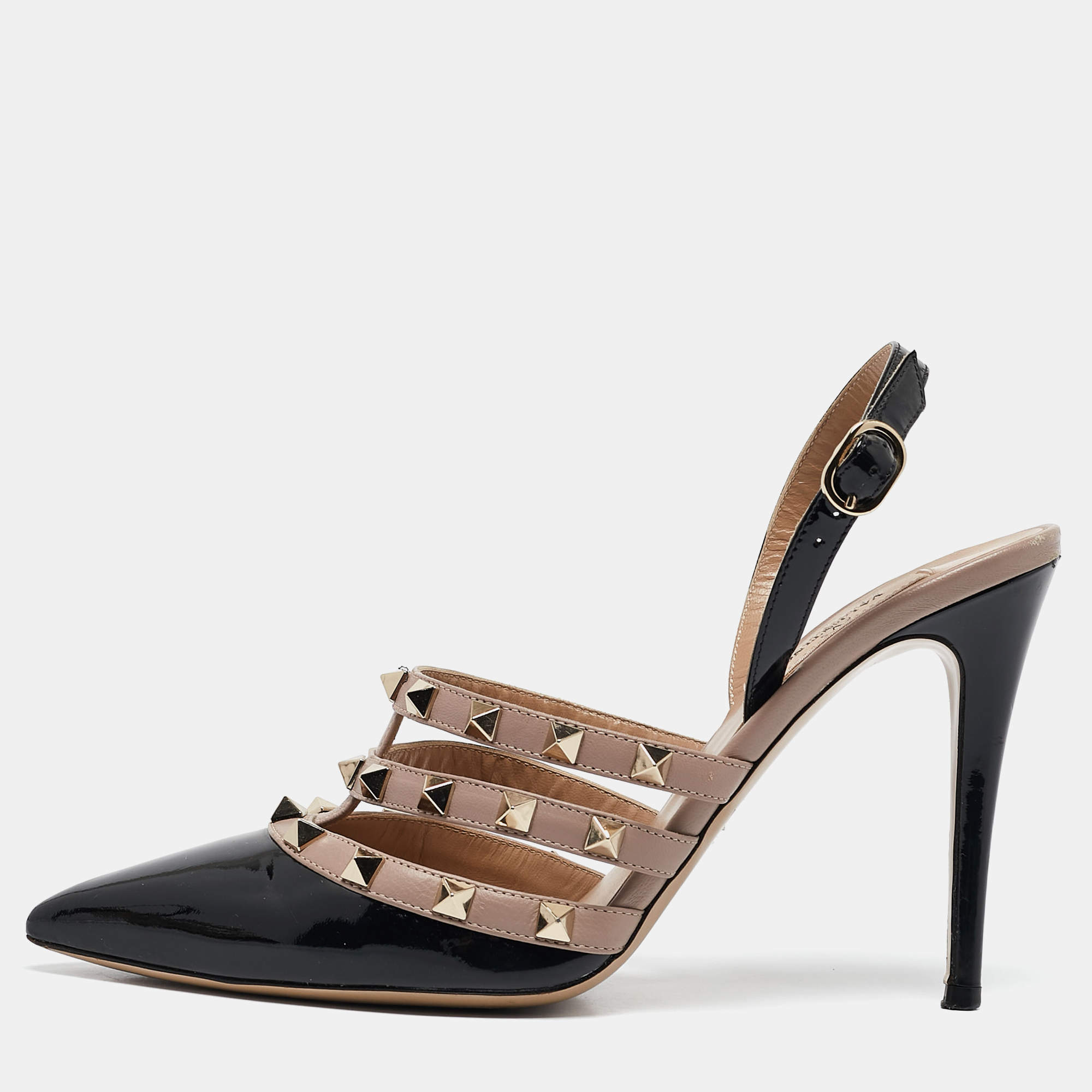 Valentino Black/Dusty Pink Leather Rockstud Caged Slingback Pumps Size 39