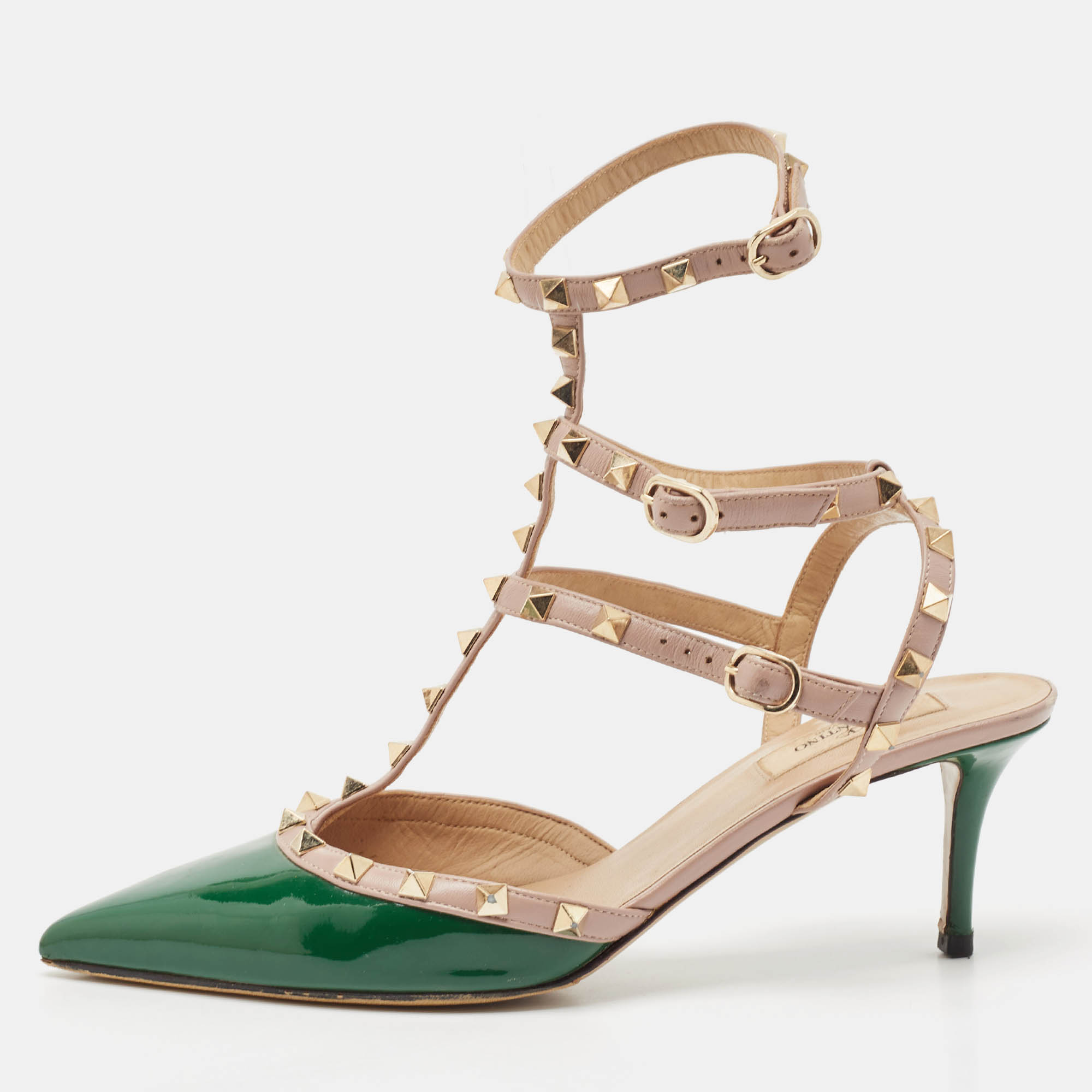 Pre Owned Valentino Green/Beige Patent Leather Rockstud Caged Ankle Strap Pumps Size 41