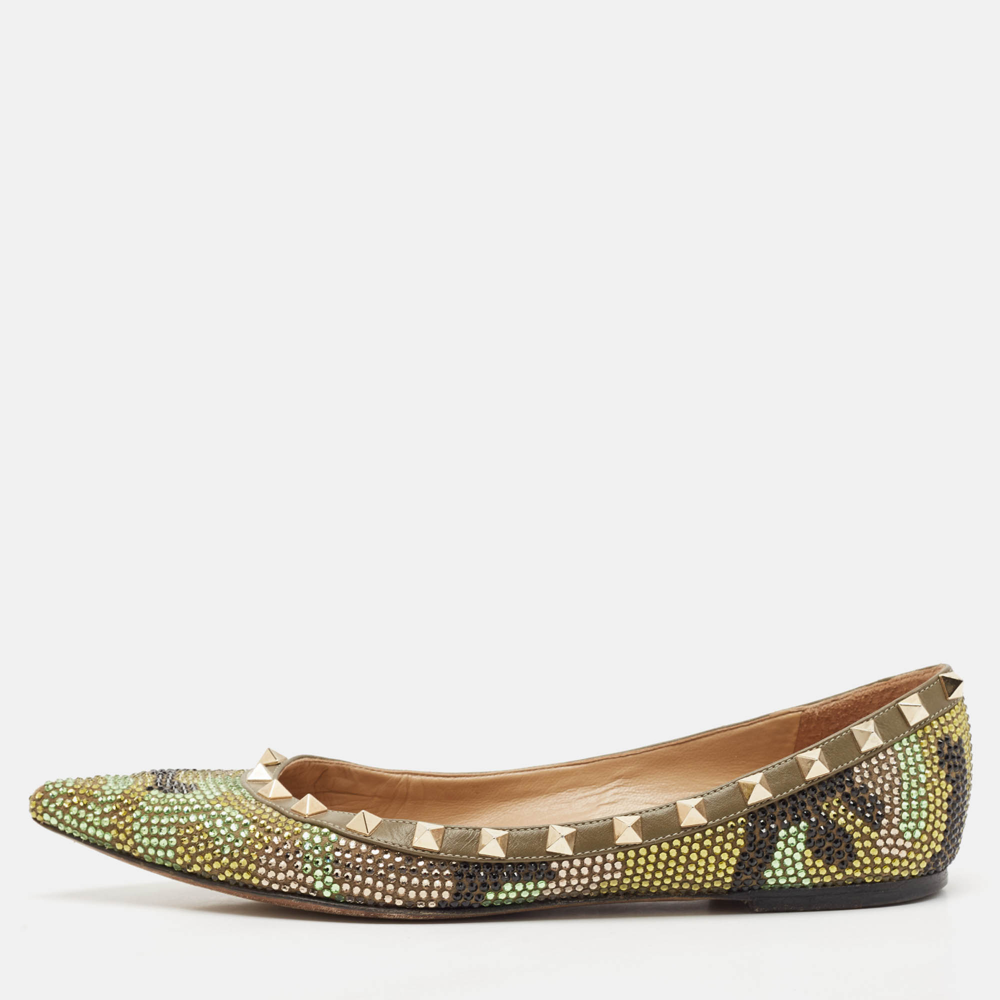 Pre Owned Valentino Green Leather Crystal Embellished Rockstud Ballet Flats Size 39.5