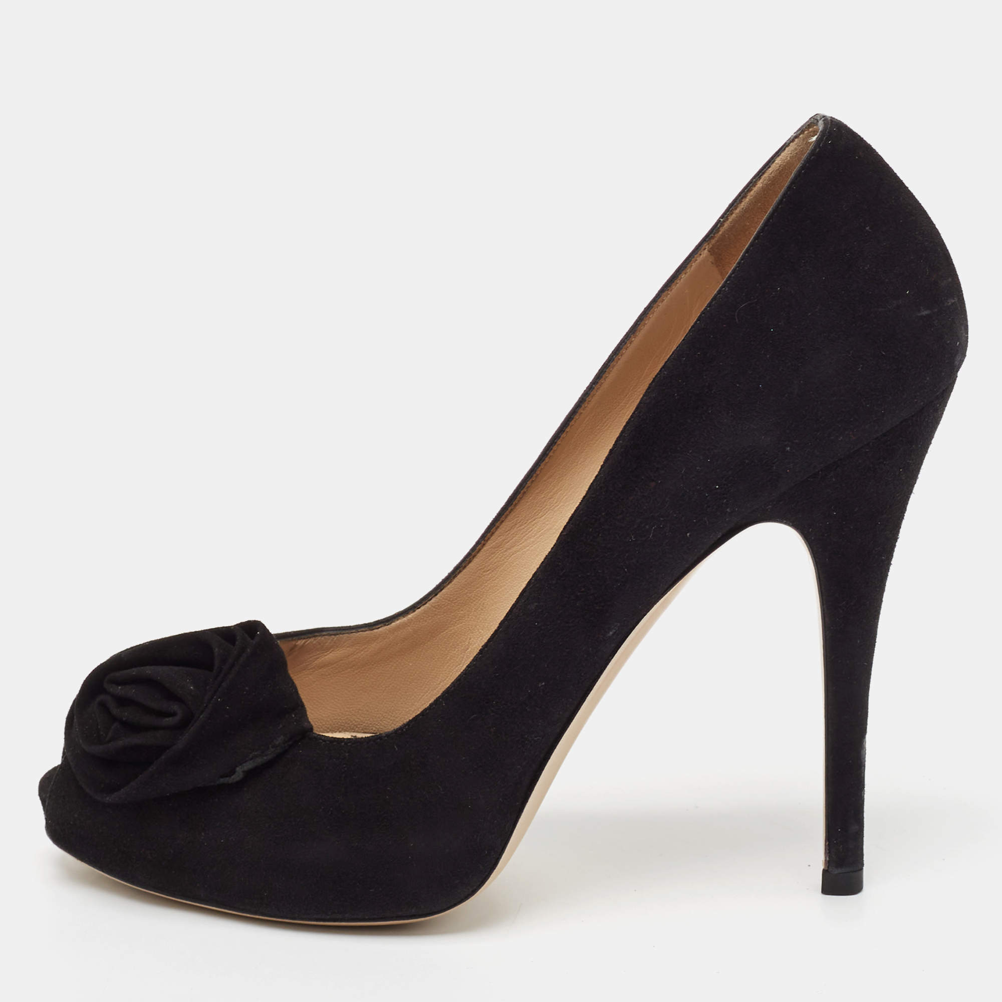 Pre Owned Valentino Black Suede Rose Peep Toe Pumps Size 39