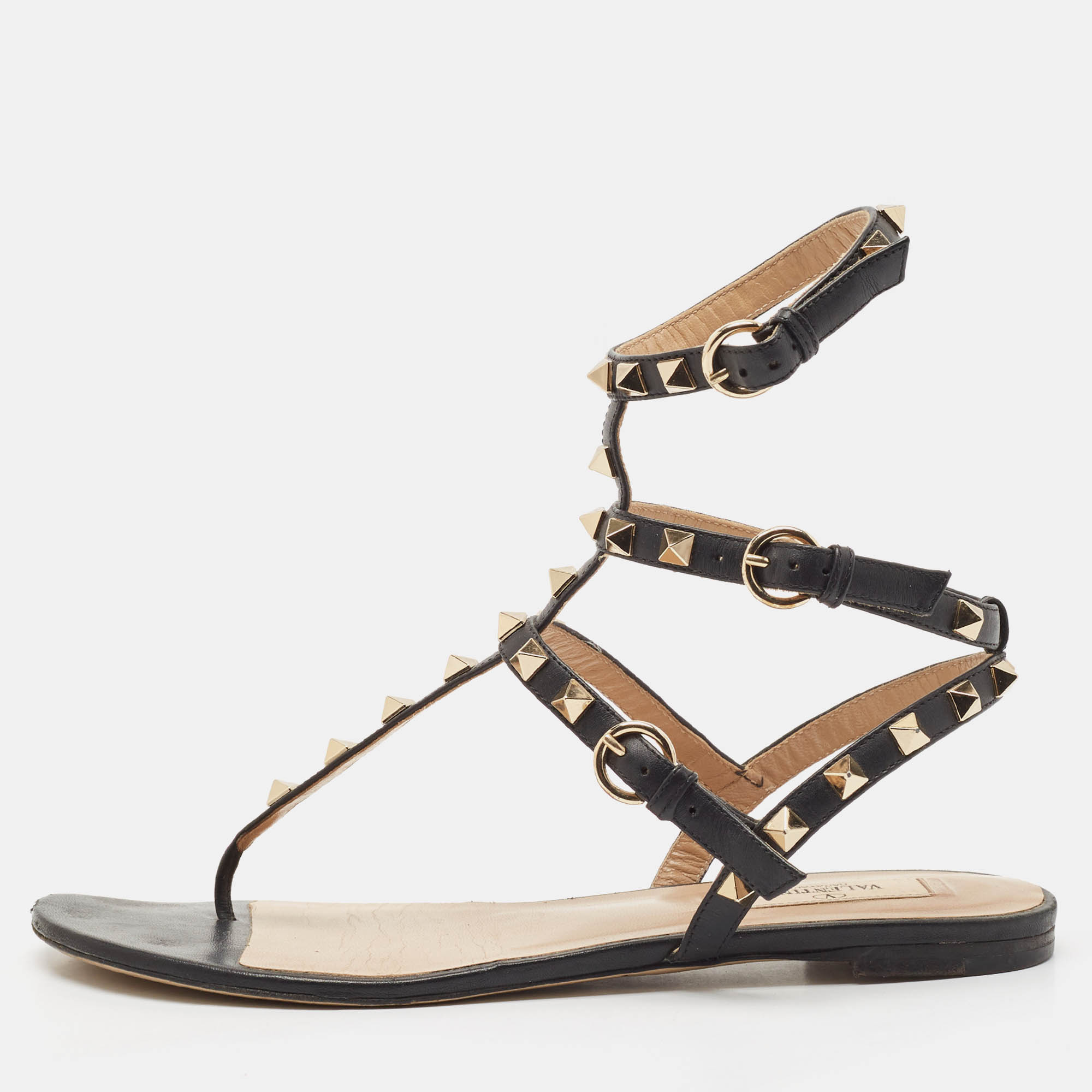 Pre Owned Valentino Black Leather Rockstud Ankle Strap Flat Sandals Size 38