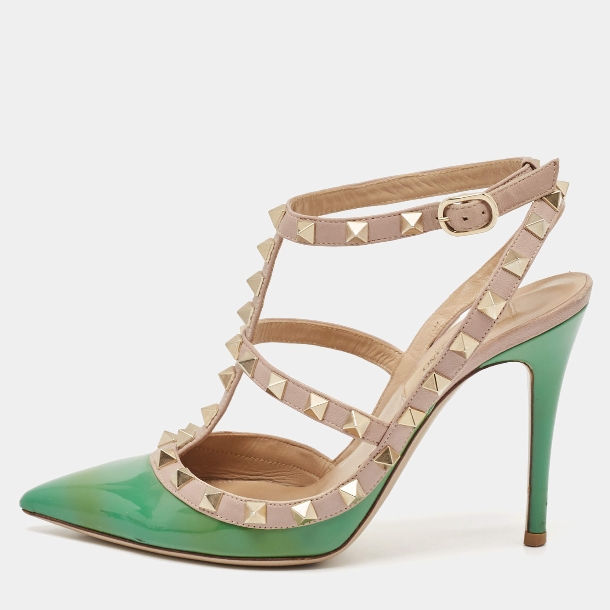 Pre Owned Valentino Green/Beige Leather Rockstud Strappy Pointed Toe Pumps Size 35