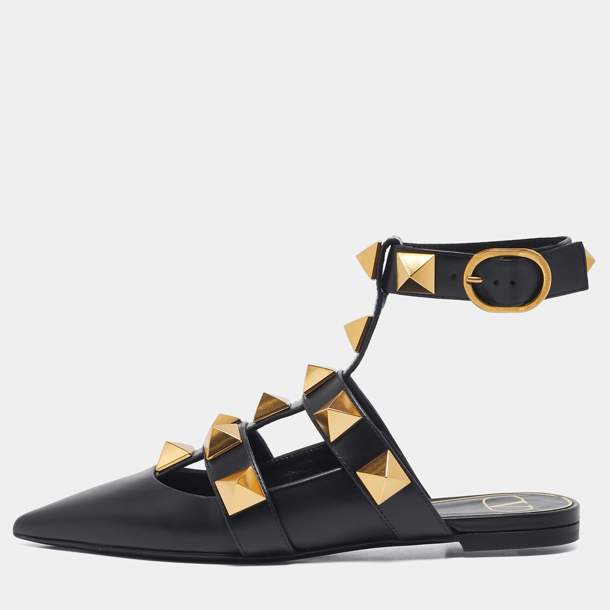 Pre Owned Valentino Black Leather Roman Stud Ankle Strap Flats Size 36