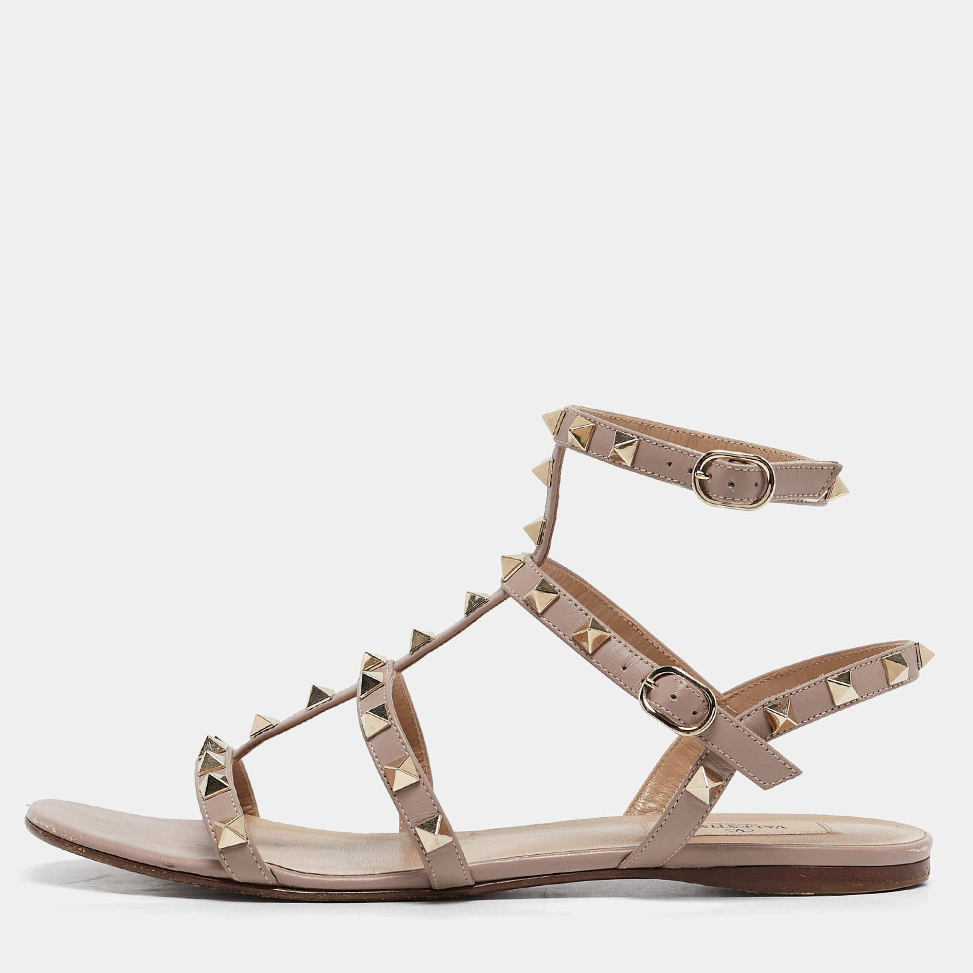 Pre Owned Valentino Pink Leather Rockstud Flat Ankle Strap Sandals Size 39