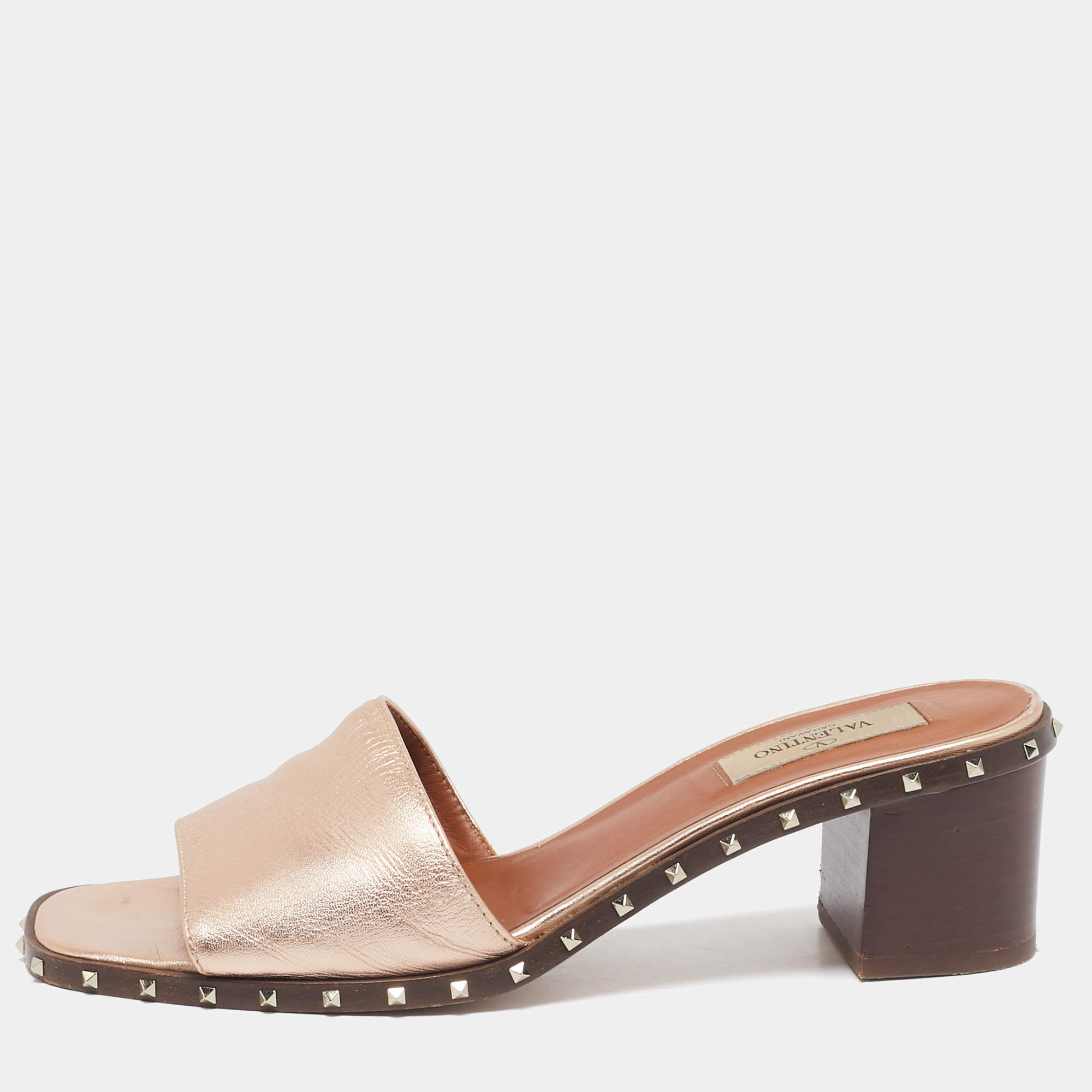 Valentino Rose Gold Leather Soul Rockstud Slide Sandals Size 38