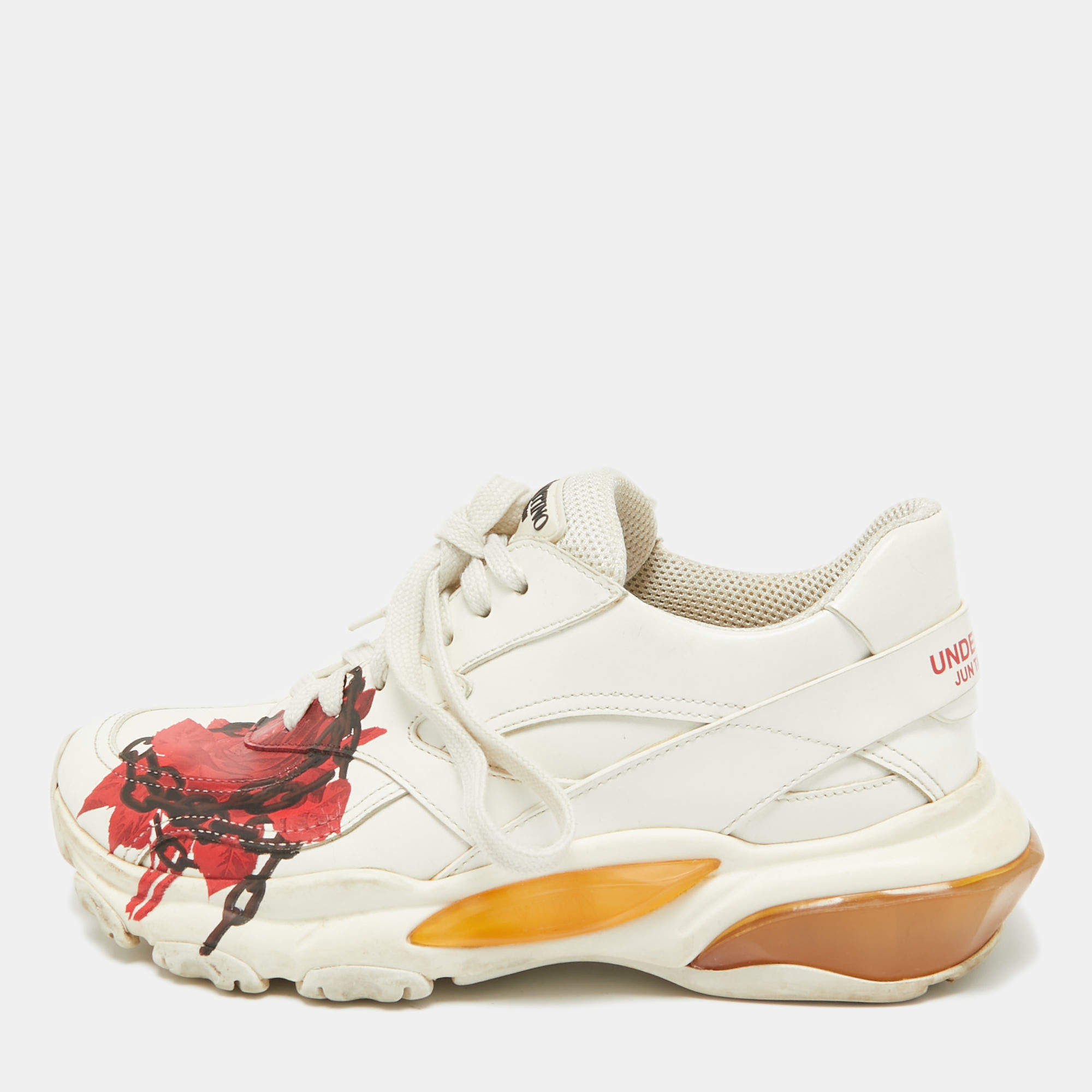 Valentino x Undercover White Leather Chain Rose Print Bounce Sneakers Size 36