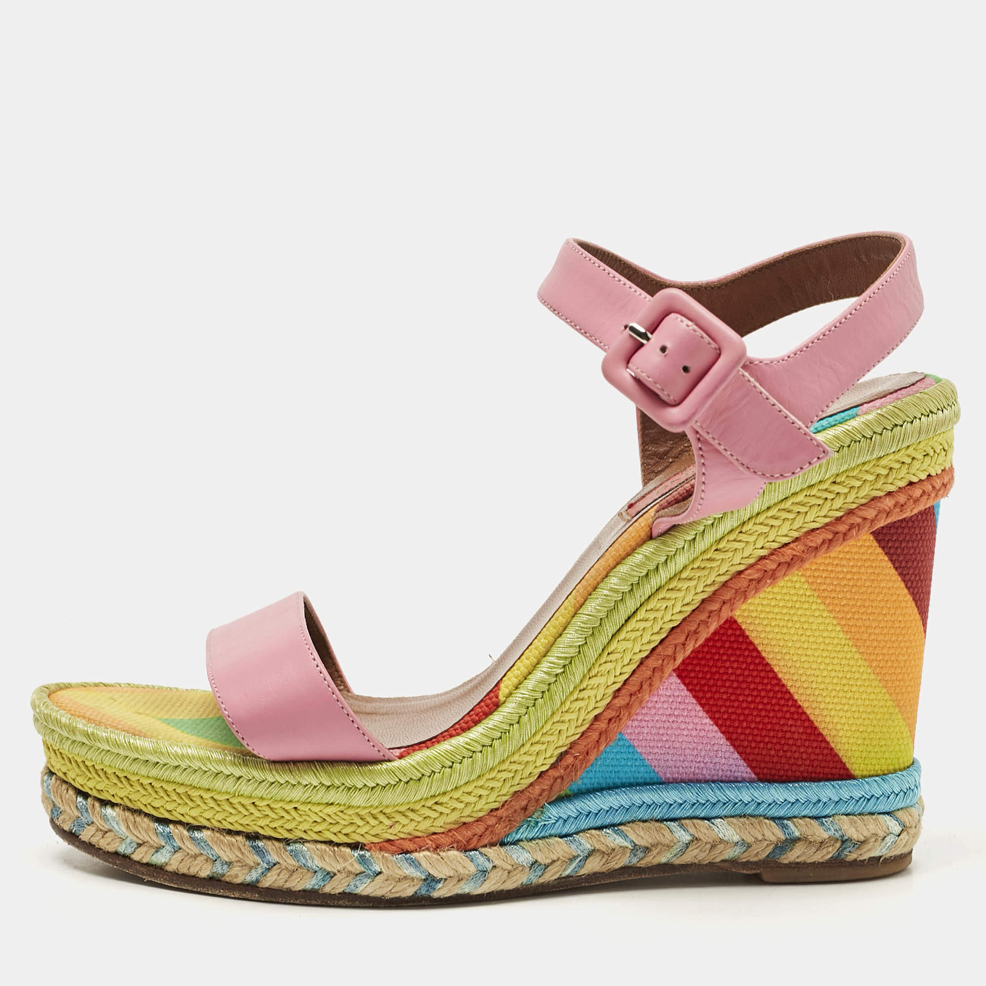 Pre Owned Valentino Pink Leather And Multicolor Chevron Wedge Ankle Strap Sandals Size 36