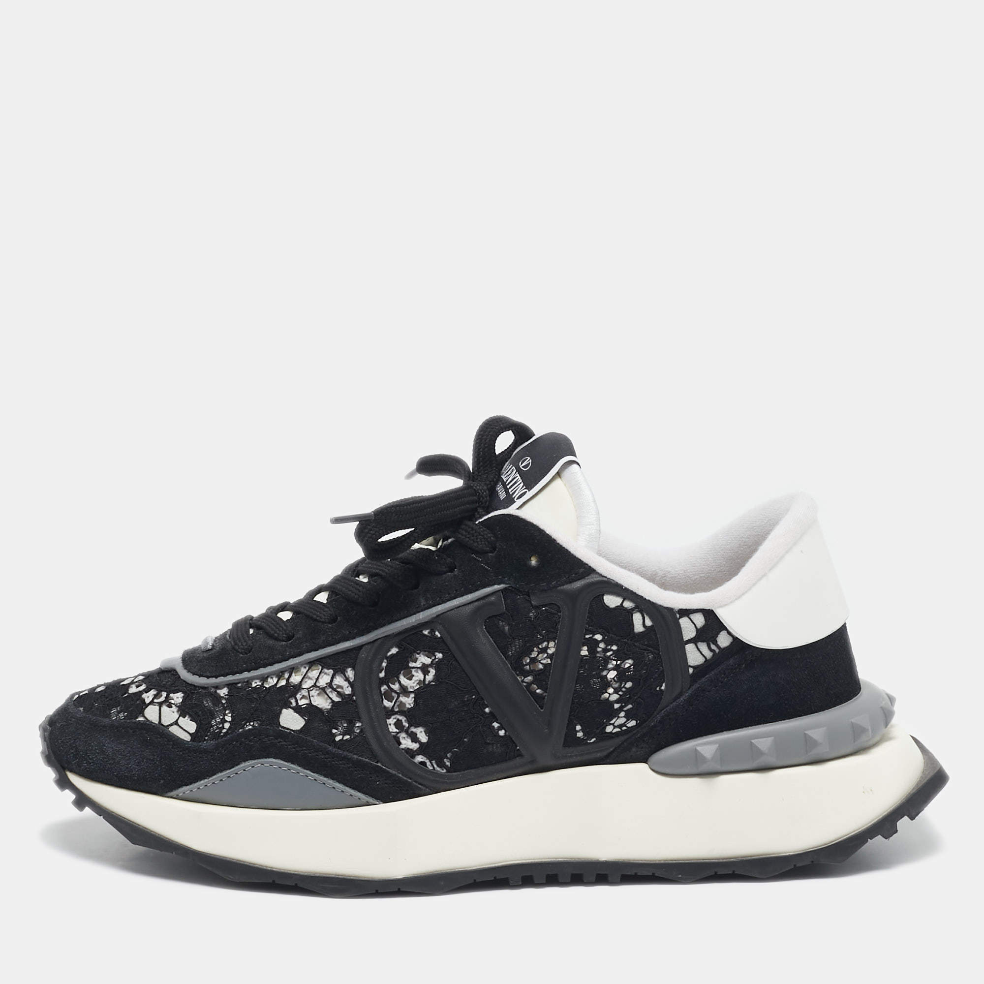 Pre Owned Valentino Black Lace and Suede Lacerunner Low Top Sneakers Size 40