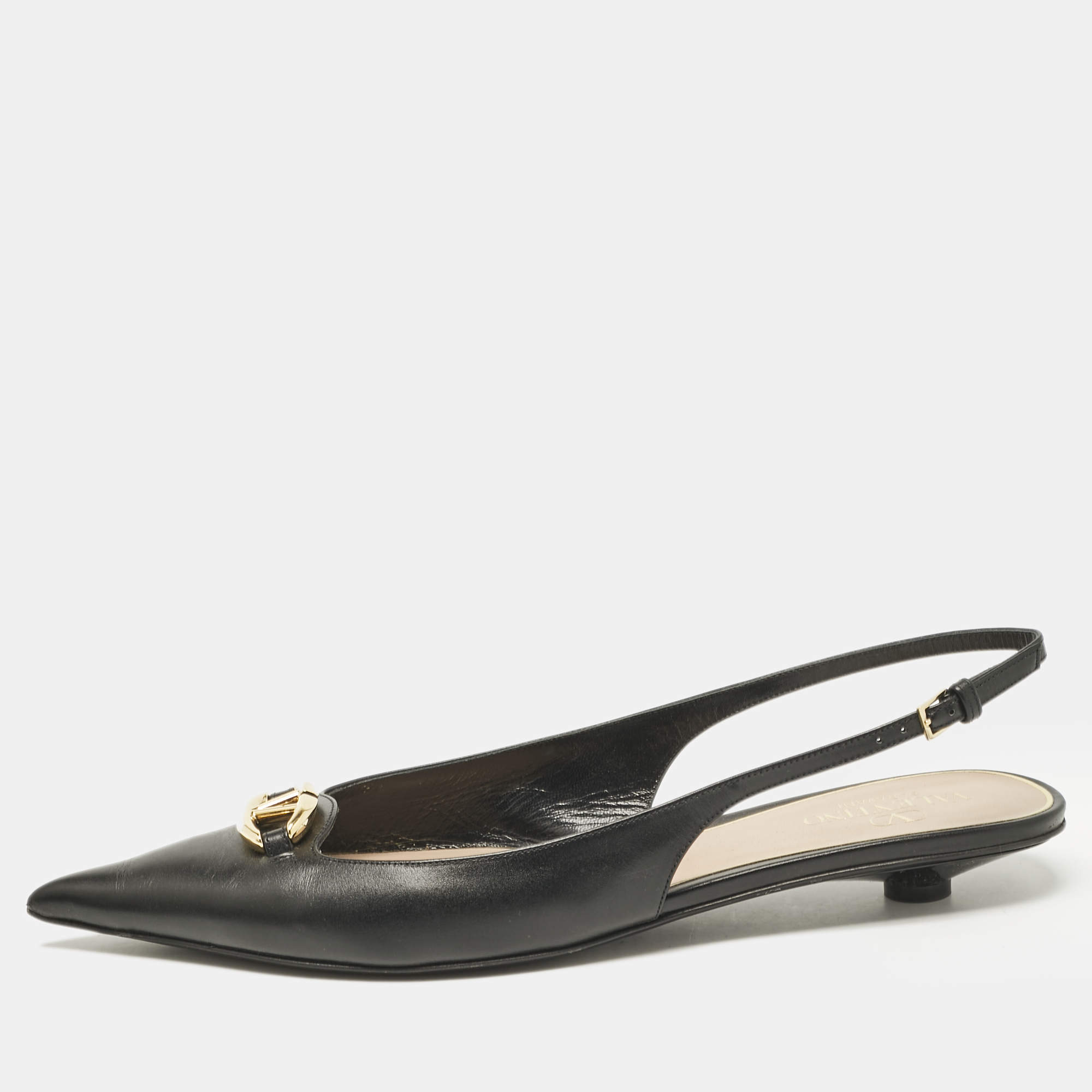 Valentino Black Leather V Logo Pointed Toe Slingback Flat Sandals Size 40