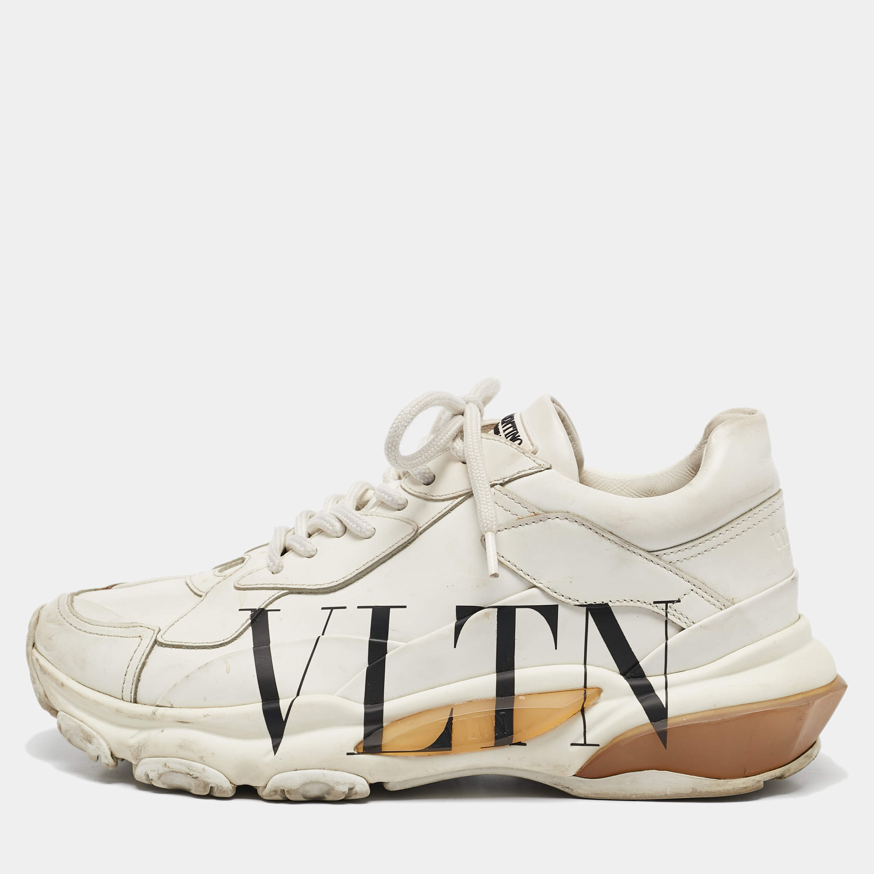 Pre Owned Valentino Cream Leather VLTN Lace Up Sneakers Size 37
