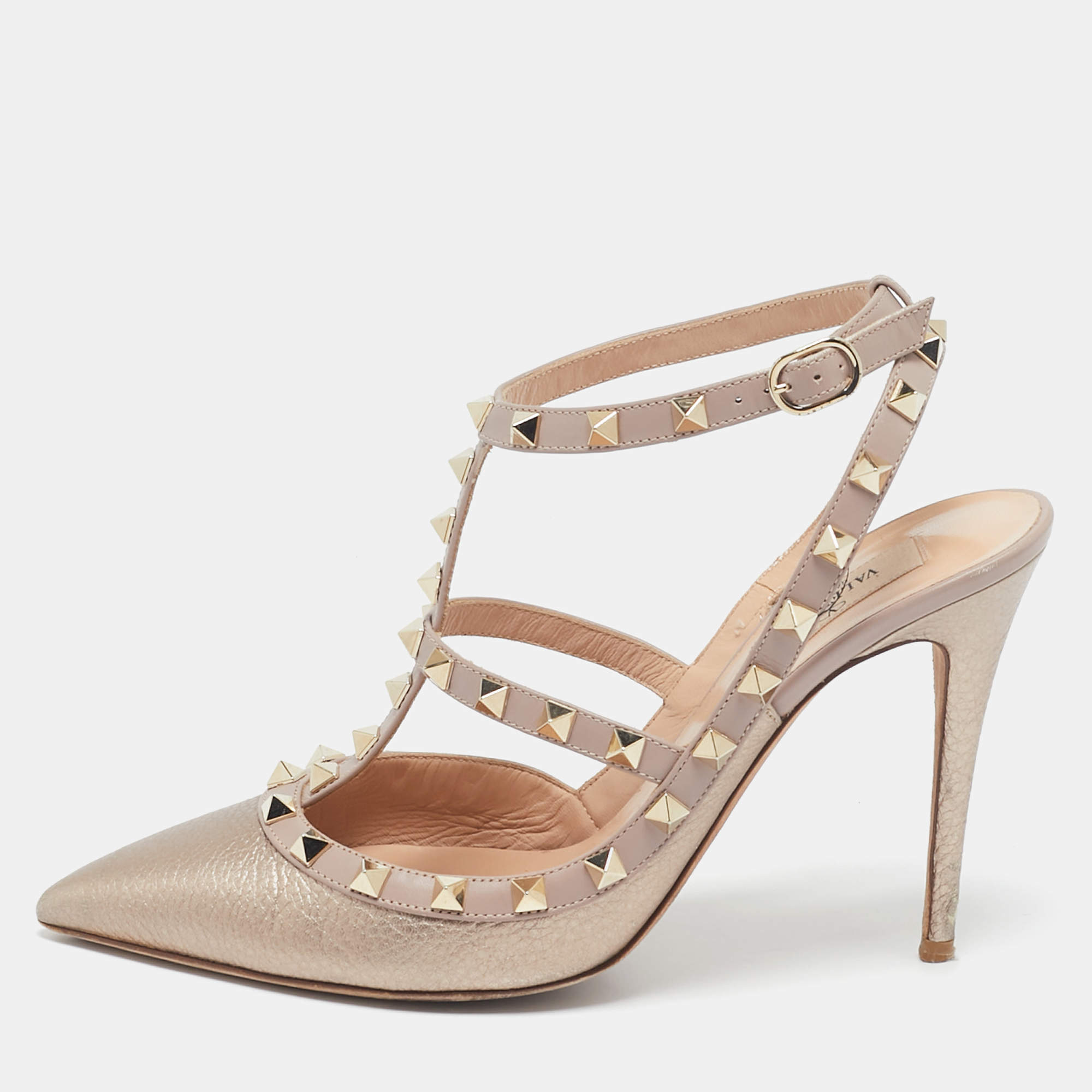 Pre Owned Valentino Rose Gold Leather Rockstud Caged Pumps Size 40