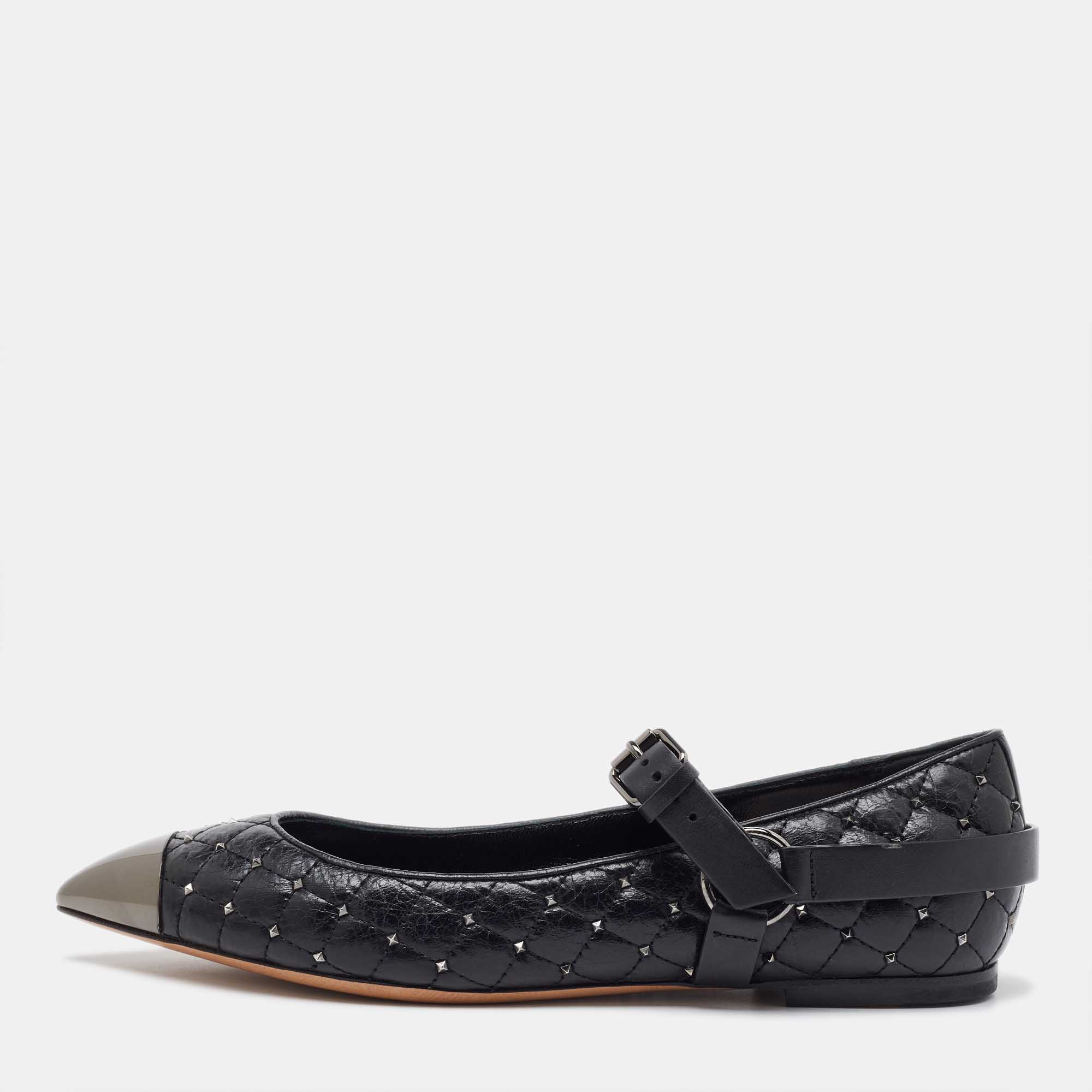 Valentino Black Leather Rockstud Spike Ankle Strap Cap Toe Pointed Ballerina Flats Size 39