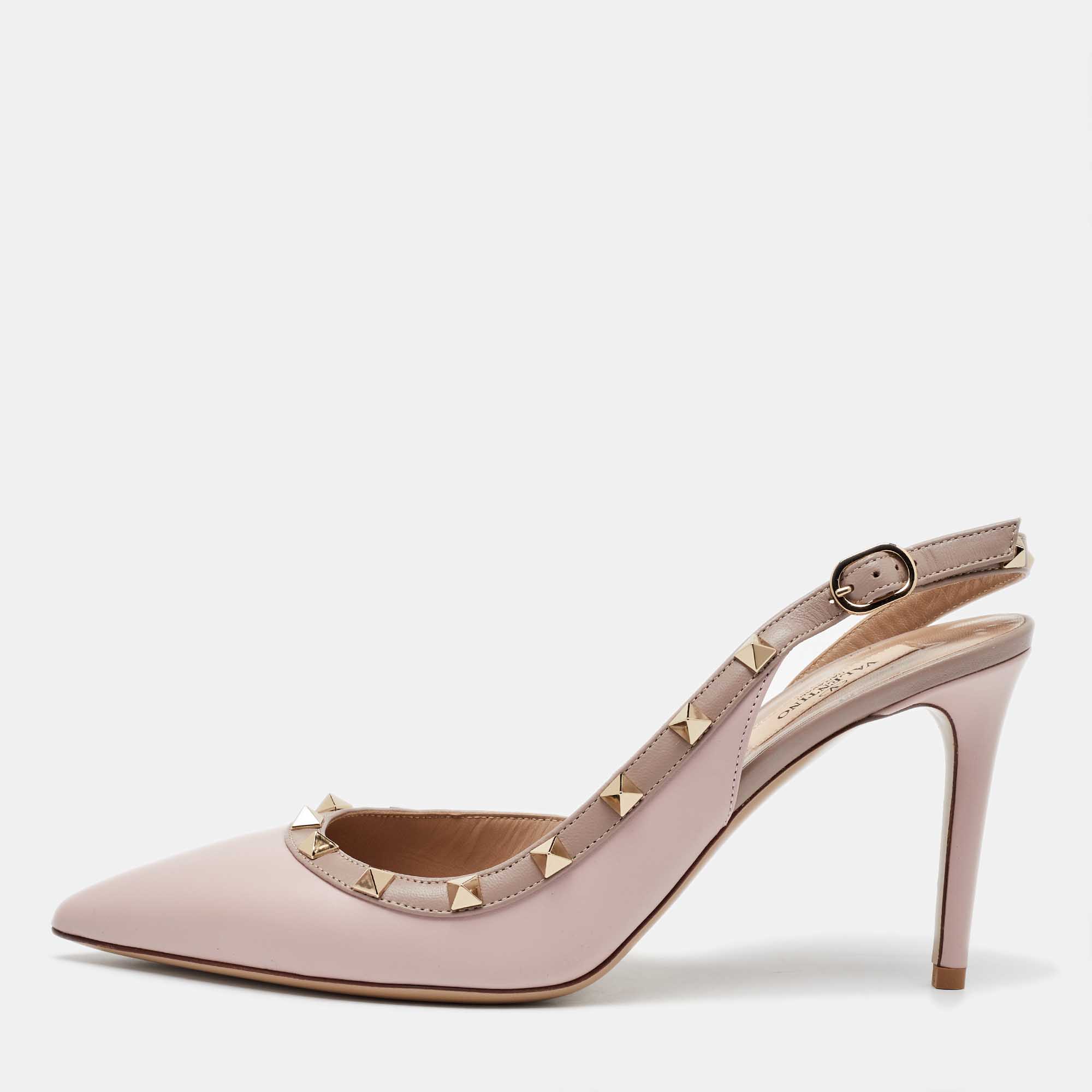 Pre Owned Valentino Pink/Beige Leather Rockstud Ankle Strap Pumps Size 39