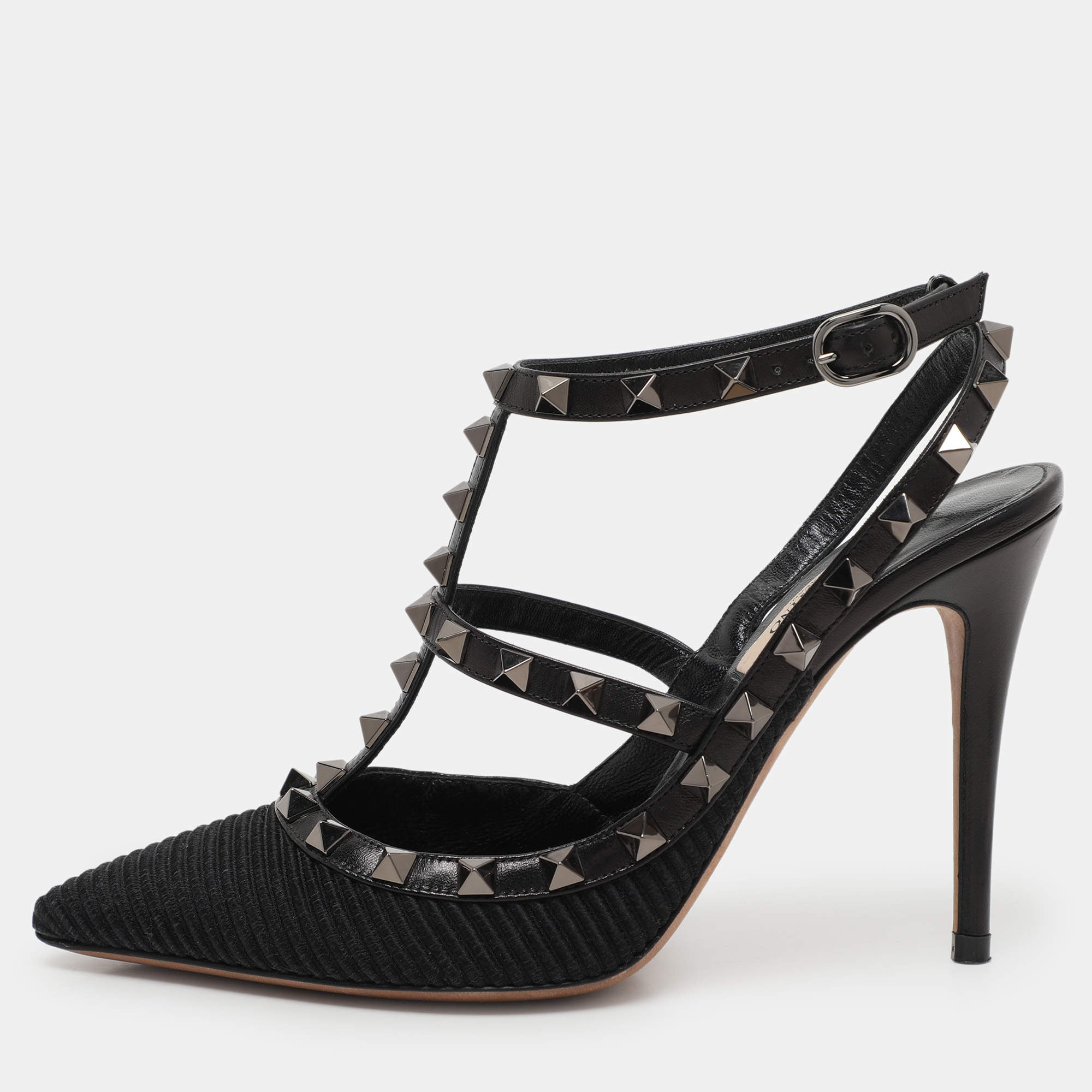 Valentino Black Fabric and Leather Rockstud Ankle Strap Pumps Size 37