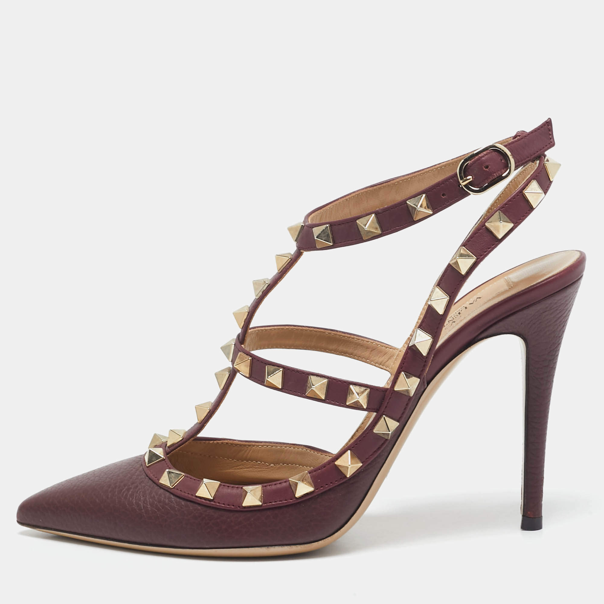 Pre Owned Valentino Burgundy Leather Rockstud Strappy Pointed Toe Pumps Size 38